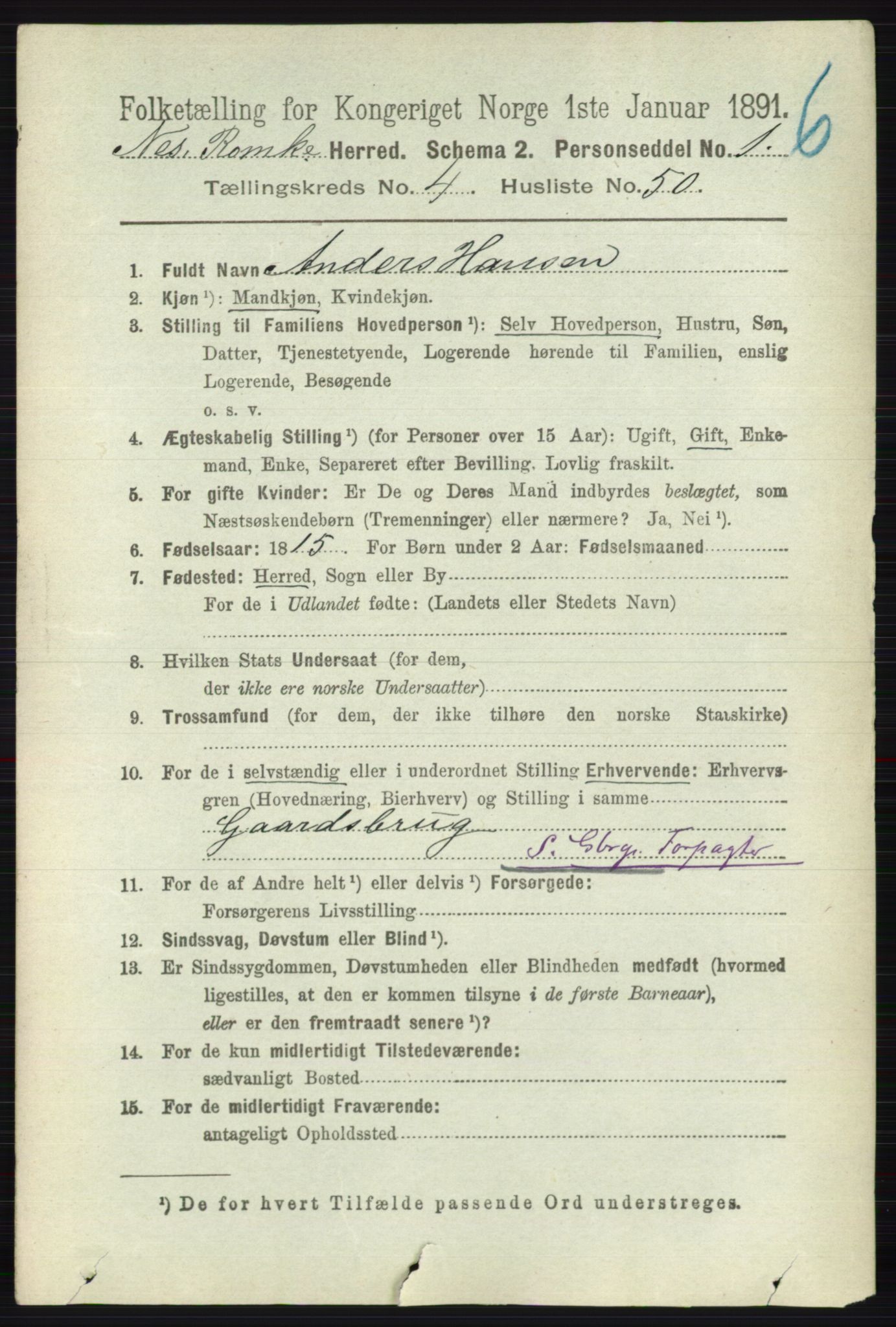 RA, 1891 census for 0236 Nes, 1891, p. 2544