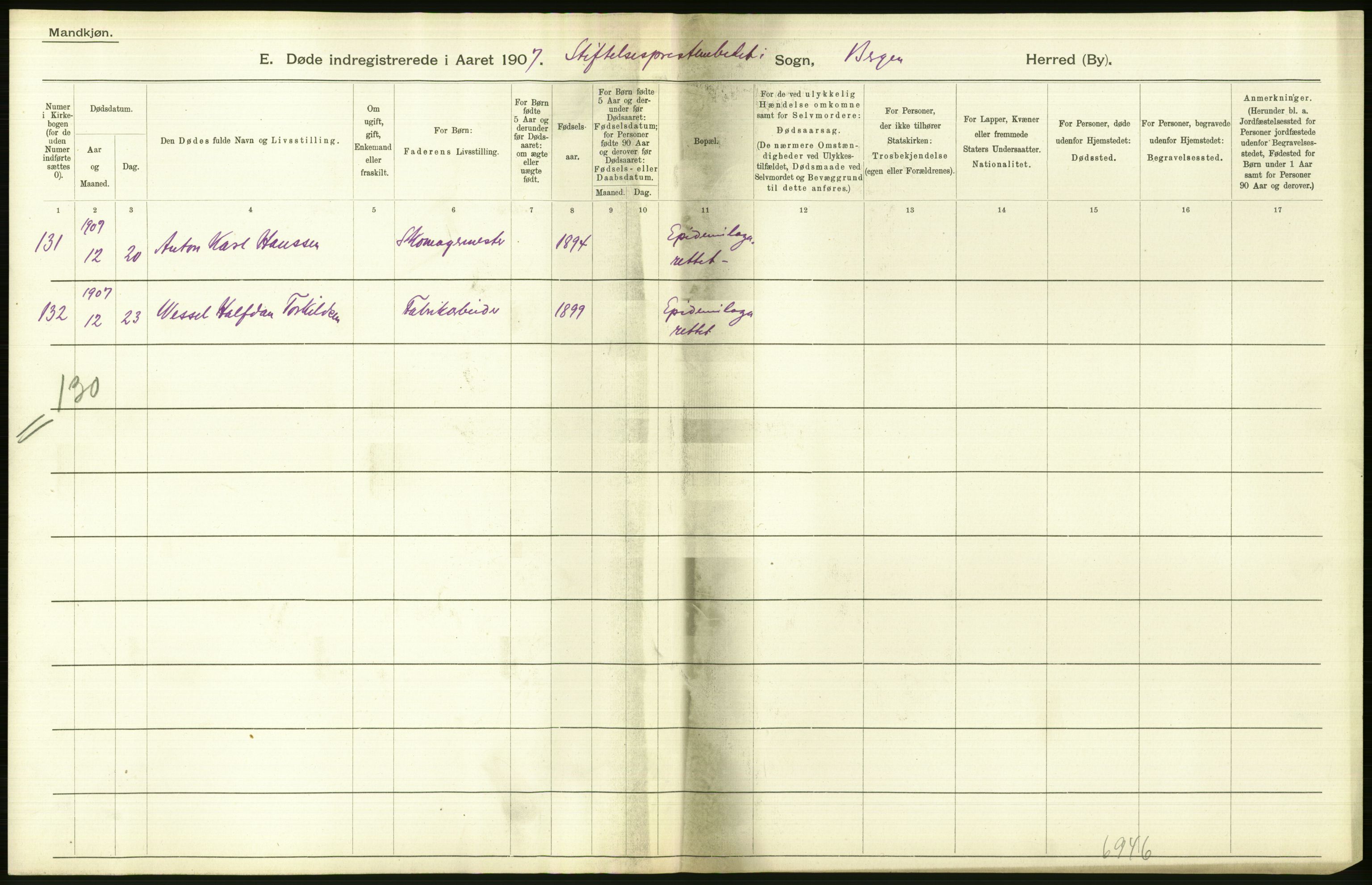 Statistisk sentralbyrå, Sosiodemografiske emner, Befolkning, AV/RA-S-2228/D/Df/Dfa/Dfae/L0031: Bergen: gifte, døde, dødfødte., 1907, p. 418