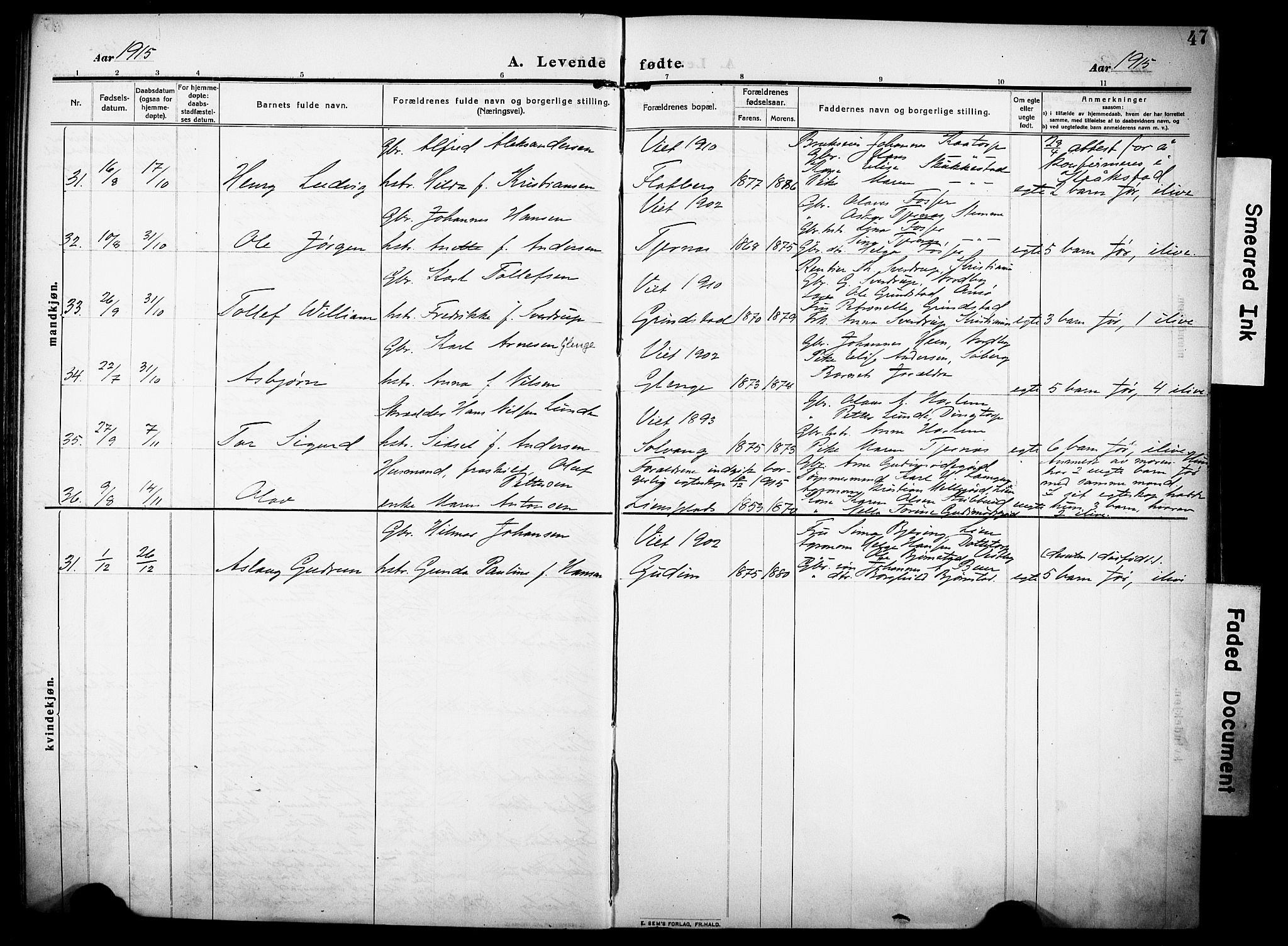 Rakkestad prestekontor Kirkebøker, AV/SAO-A-2008/F/Fa/L0015: Parish register (official) no. I 15, 1909-1922, p. 47