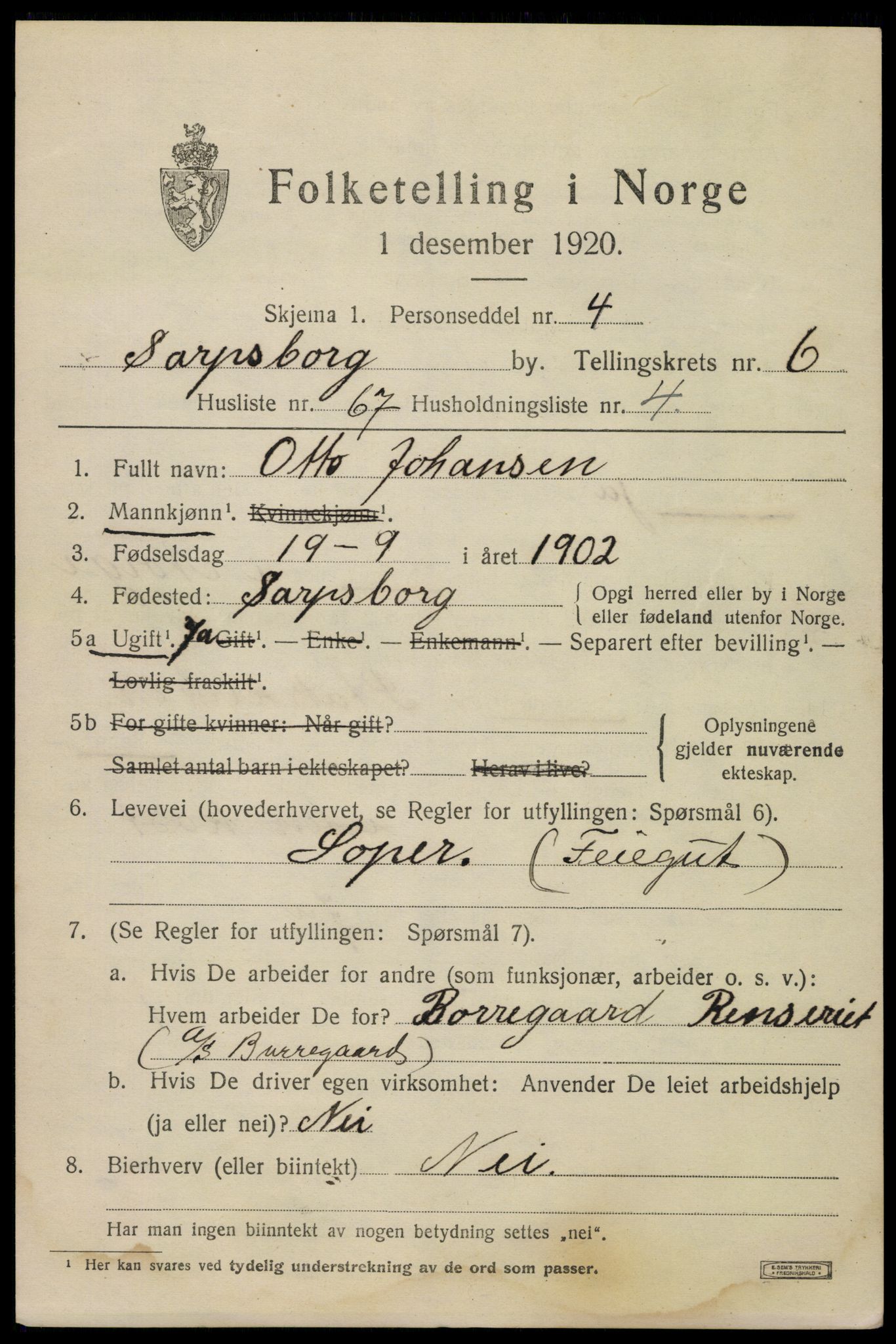 SAO, 1920 census for Sarpsborg, 1920, p. 16024