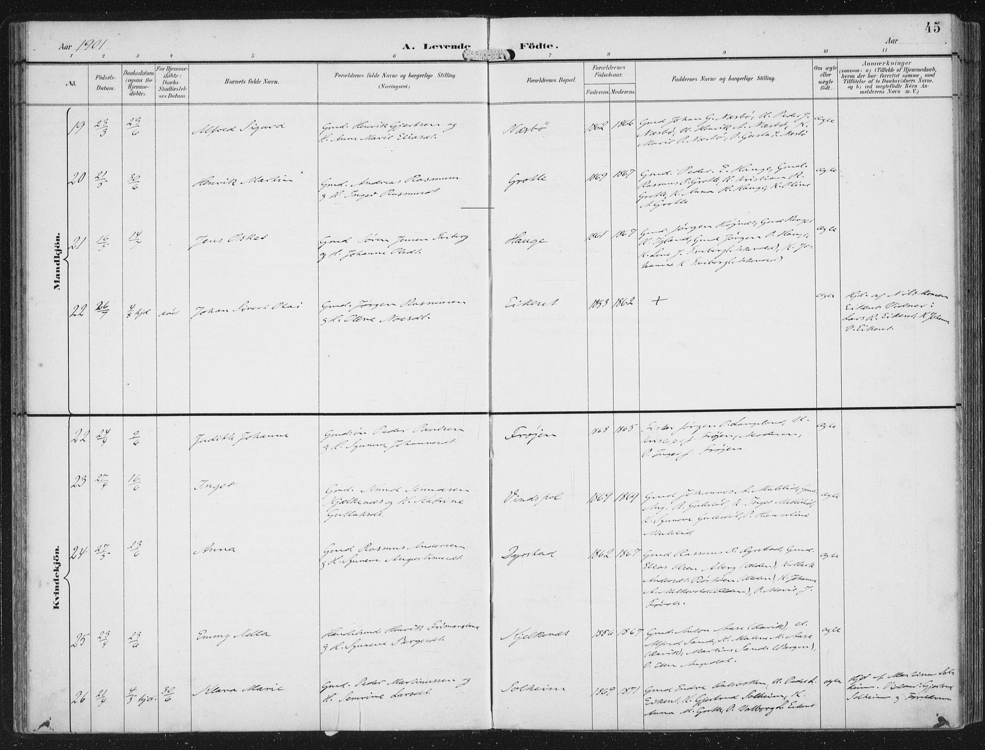 Bremanger sokneprestembete, AV/SAB-A-82201/H/Haa/Haab/L0002: Parish register (official) no. B  2, 1896-1908, p. 45