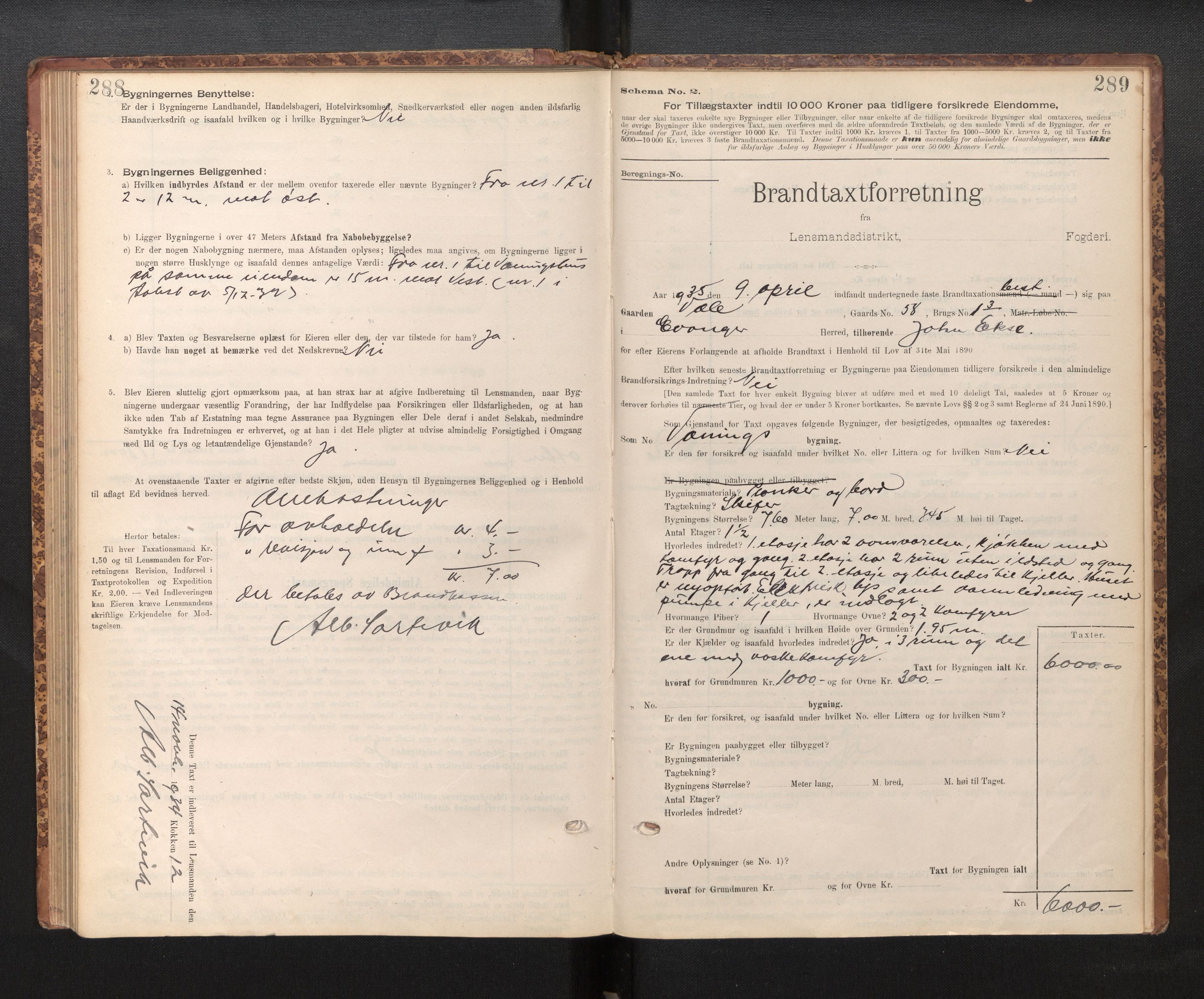 Lensmannen i Evanger, SAB/A-31701/0012/L0005: Branntakstprotokoll, skjematakst, 1895-1935, p. 288-289