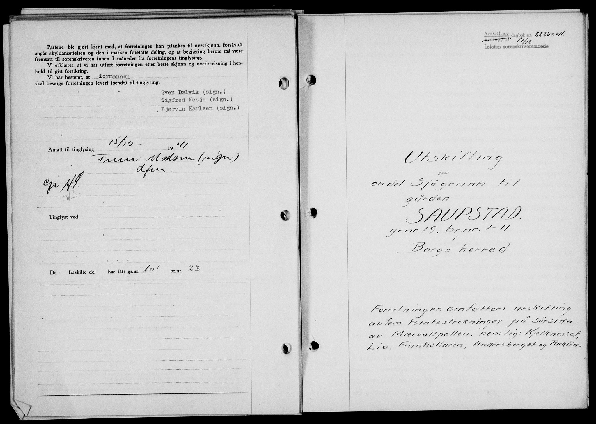 Lofoten sorenskriveri, SAT/A-0017/1/2/2C/L0009a: Mortgage book no. 9a, 1941-1942, Diary no: : 2223/1941