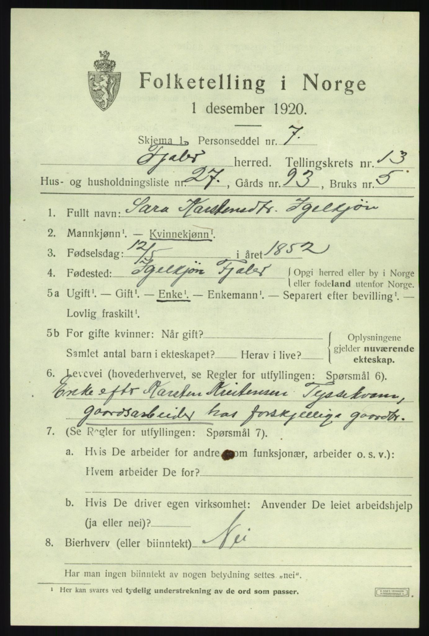 SAB, 1920 census for Fjaler, 1920, p. 7523