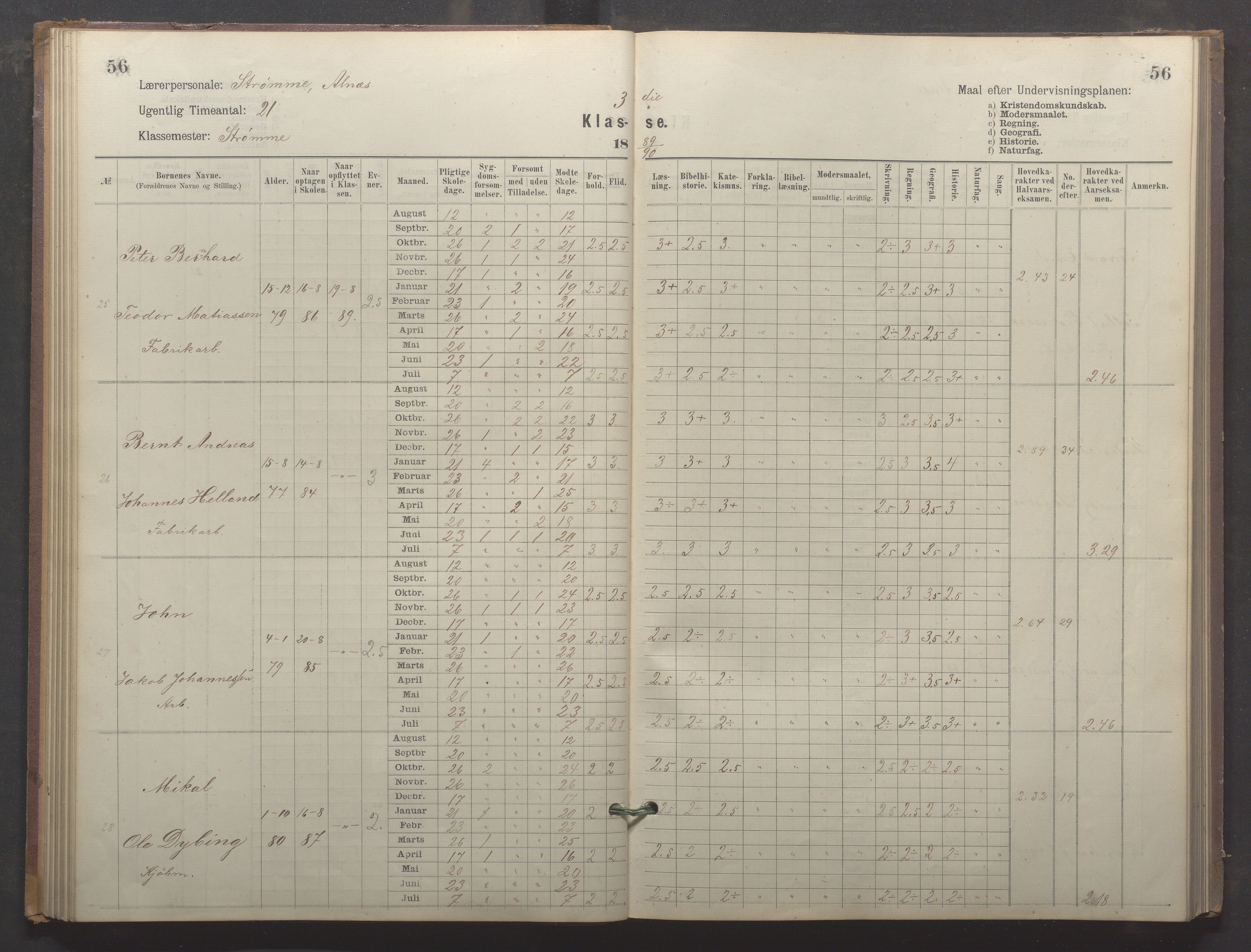 Egersund kommune (Ladested) - Egersund almueskole/folkeskole, IKAR/K-100521/H/L0024: Skoleprotokoll - Almueskolen, 3. klasse, 1887-1892, p. 56