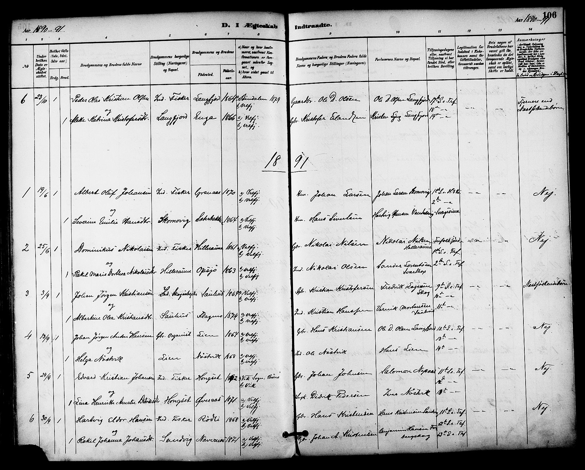 Ministerialprotokoller, klokkerbøker og fødselsregistre - Nordland, AV/SAT-A-1459/814/L0226: Parish register (official) no. 814A07, 1886-1898, p. 106