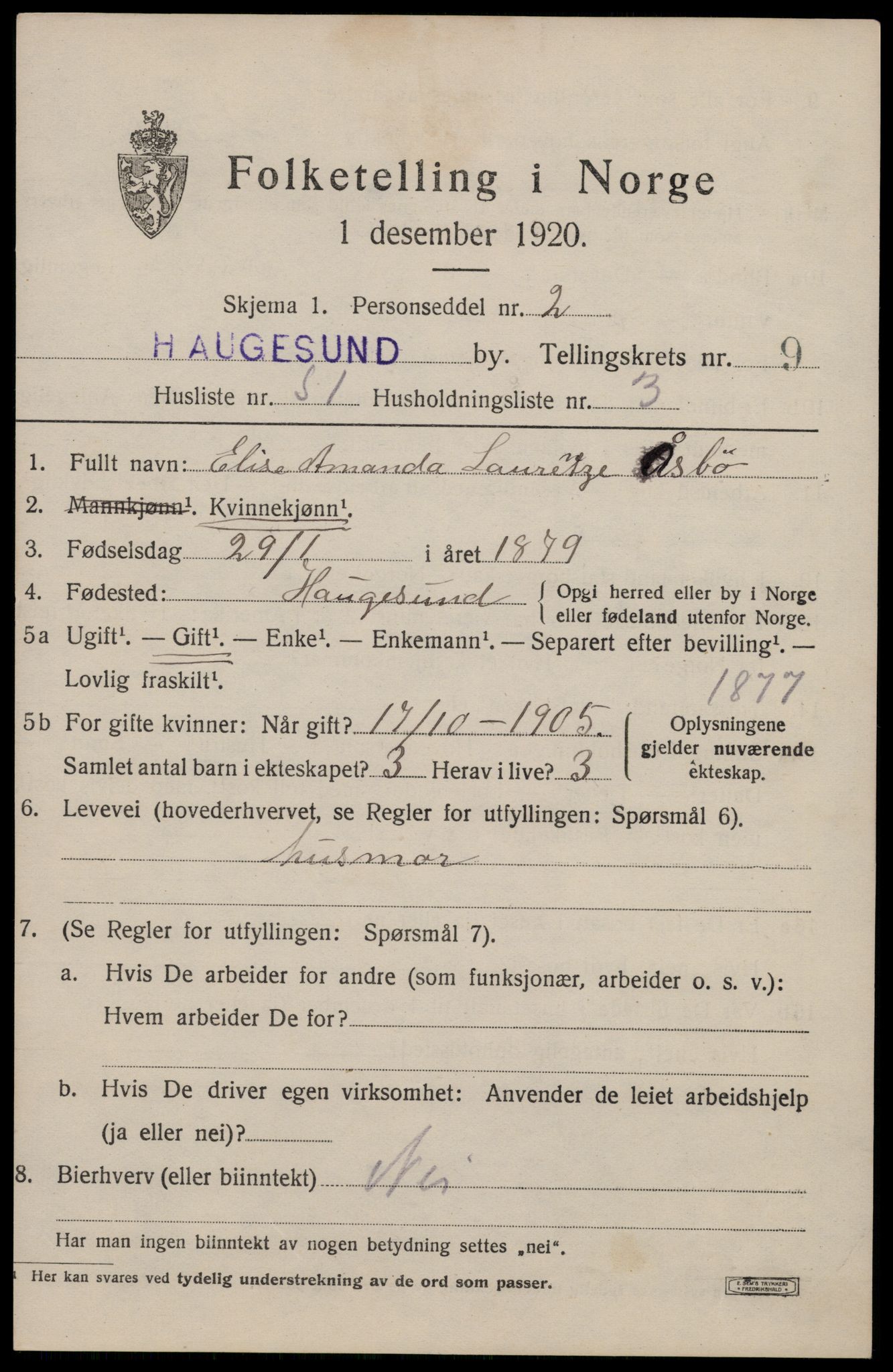 SAST, 1920 census for Haugesund, 1920, p. 33067