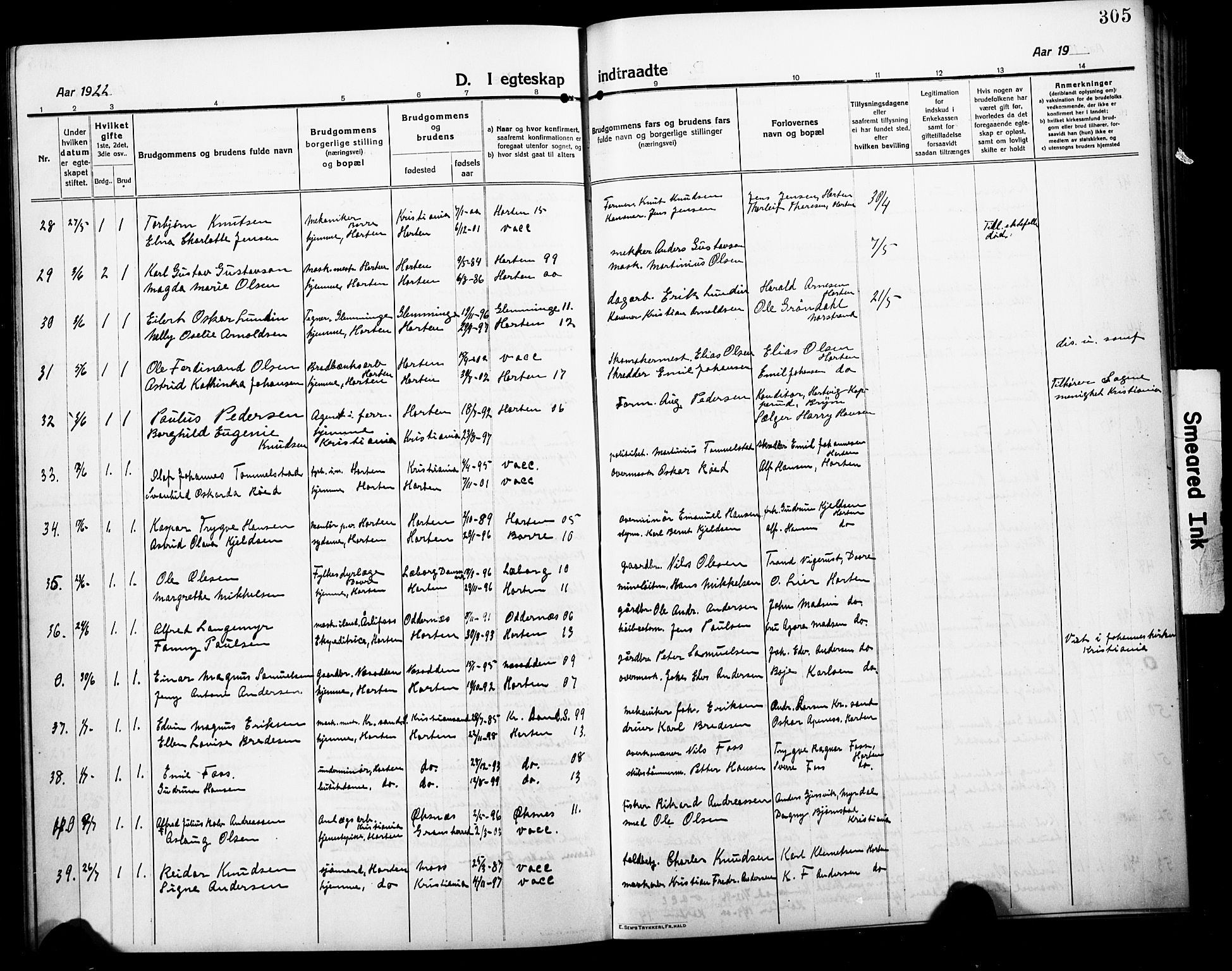 Horten kirkebøker, AV/SAKO-A-348/G/Ga/L0008: Parish register (copy) no. 8, 1916-1926, p. 305