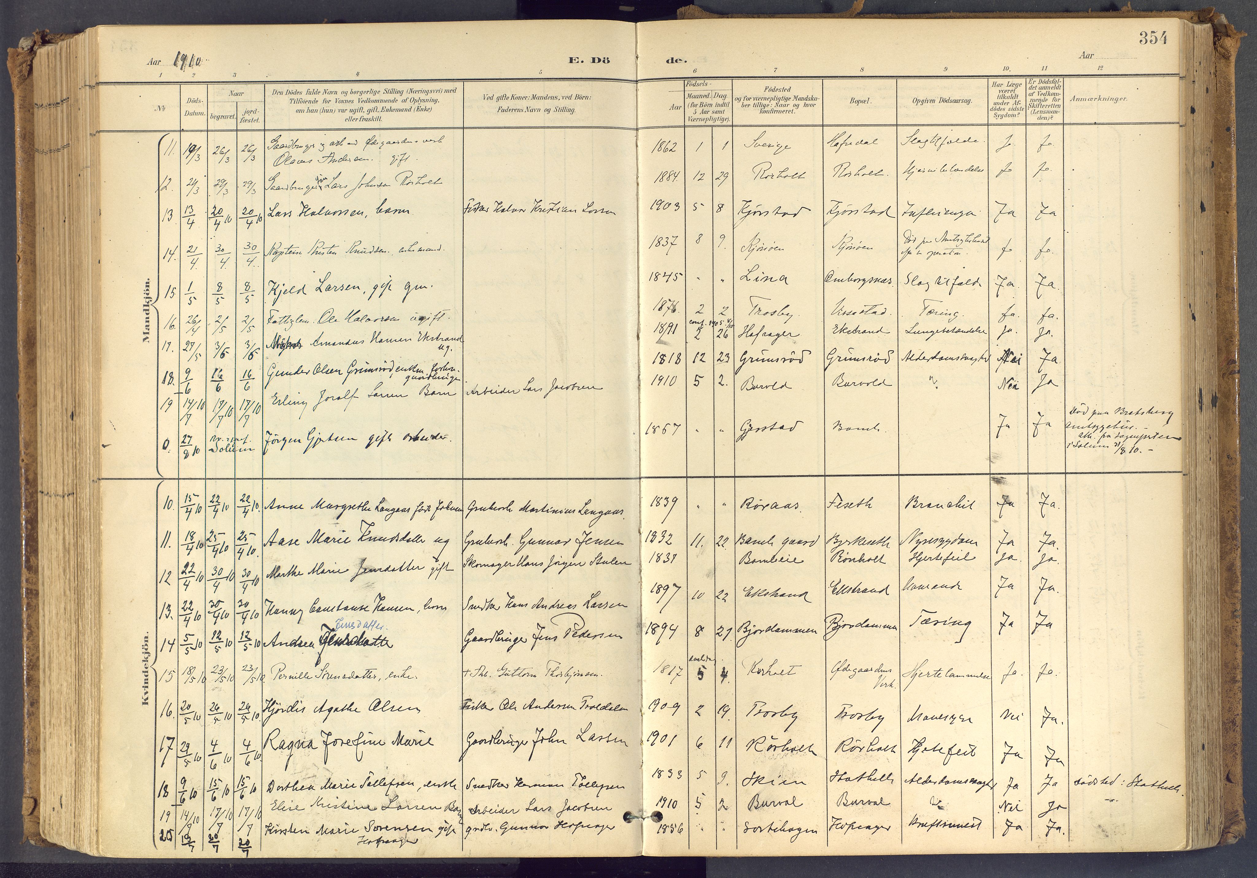 Bamble kirkebøker, SAKO/A-253/F/Fa/L0009: Parish register (official) no. I 9, 1901-1917, p. 354