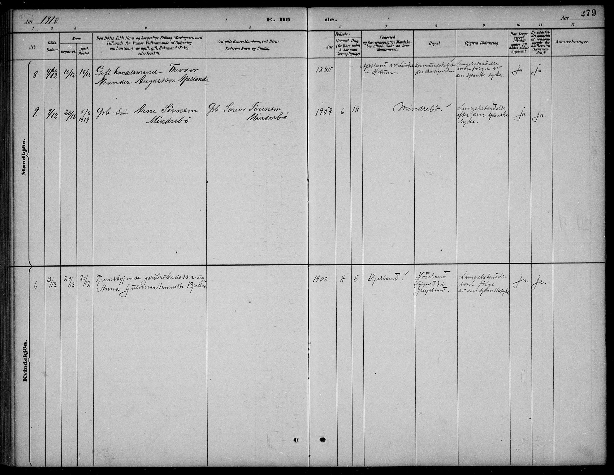 Bjelland sokneprestkontor, SAK/1111-0005/F/Fb/Fba/L0005: Parish register (copy) no. B 5, 1887-1923, p. 279