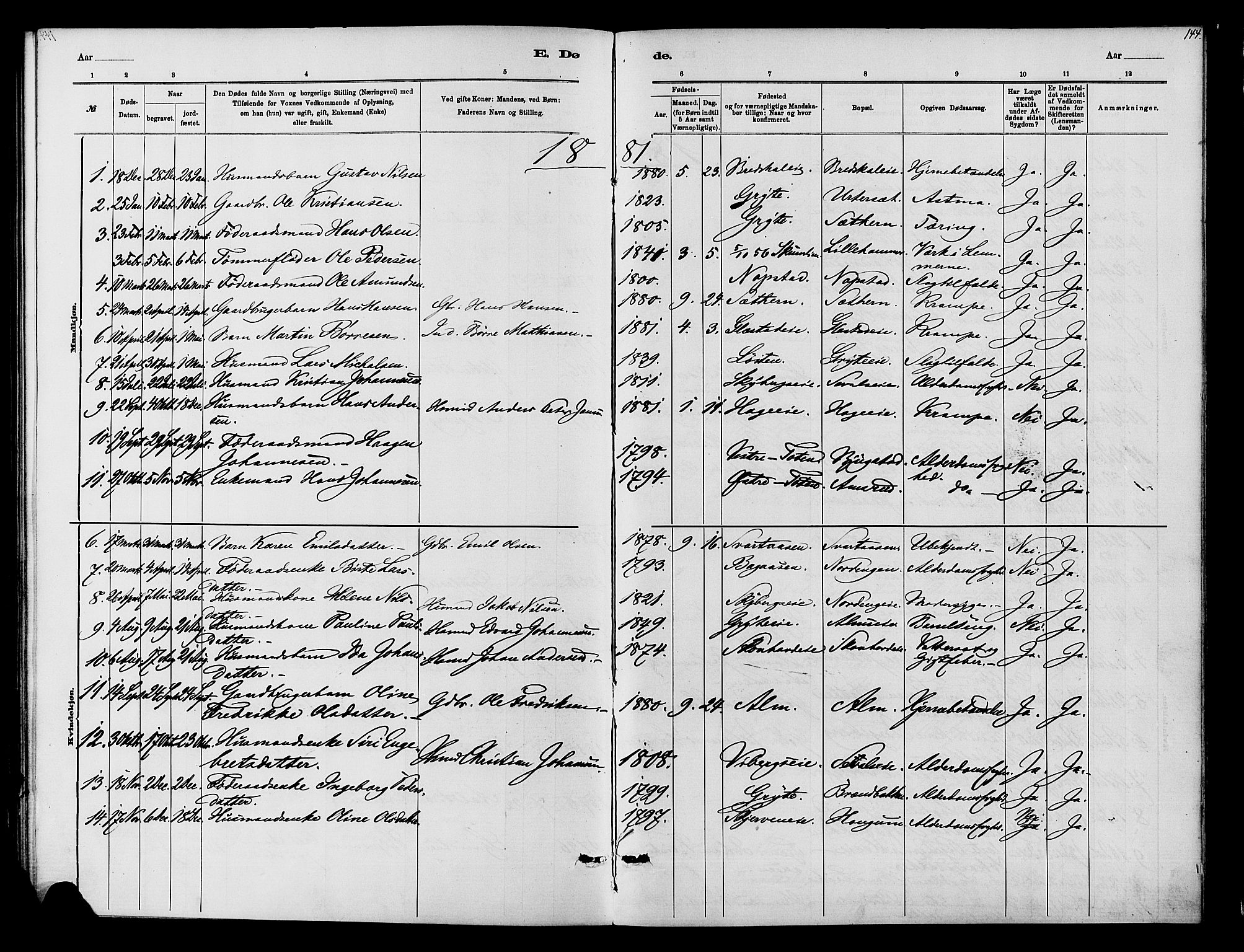 Vardal prestekontor, SAH/PREST-100/H/Ha/Haa/L0010: Parish register (official) no. 10, 1878-1893, p. 144