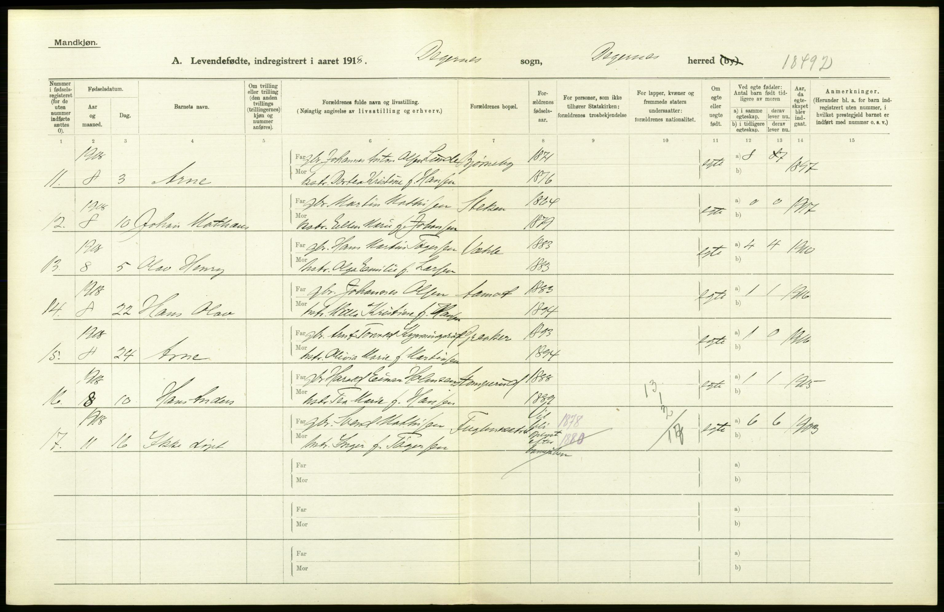 Statistisk sentralbyrå, Sosiodemografiske emner, Befolkning, RA/S-2228/D/Df/Dfb/Dfbh/L0001: Østfold fylke: Levendefødte menn og kvinner. Bygder., 1918, p. 206