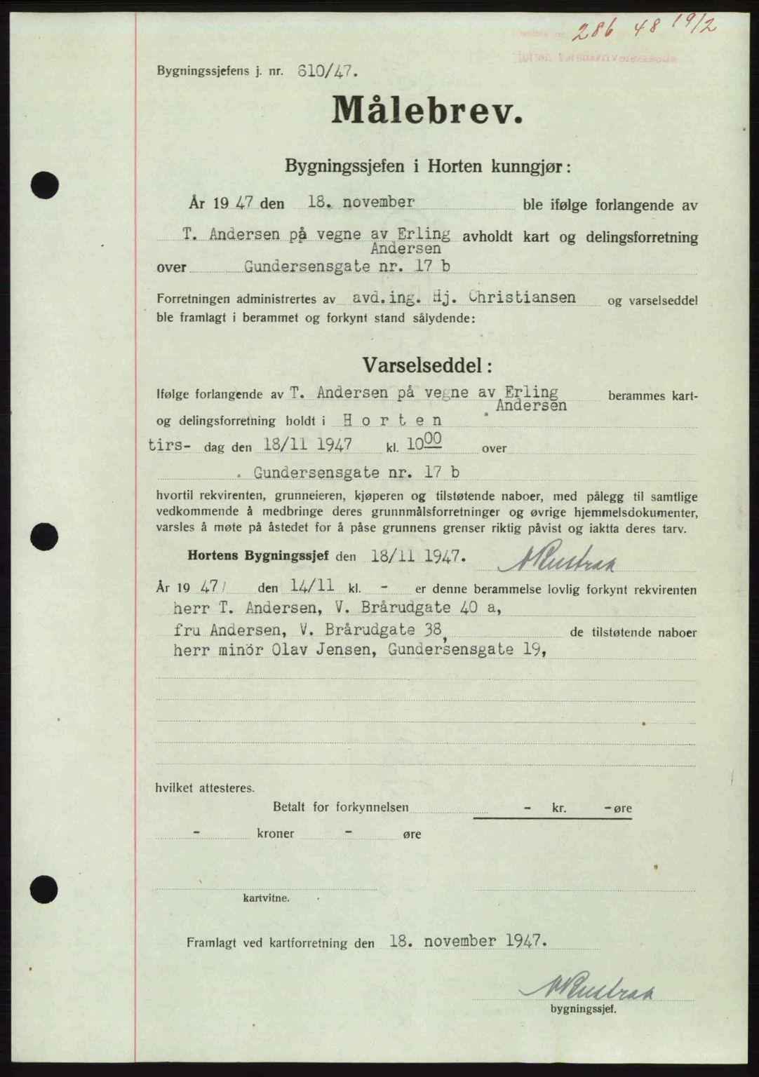 Horten sorenskriveri, AV/SAKO-A-133/G/Ga/Gaa/L0010: Mortgage book no. A-10, 1947-1948, Diary no: : 286/1948