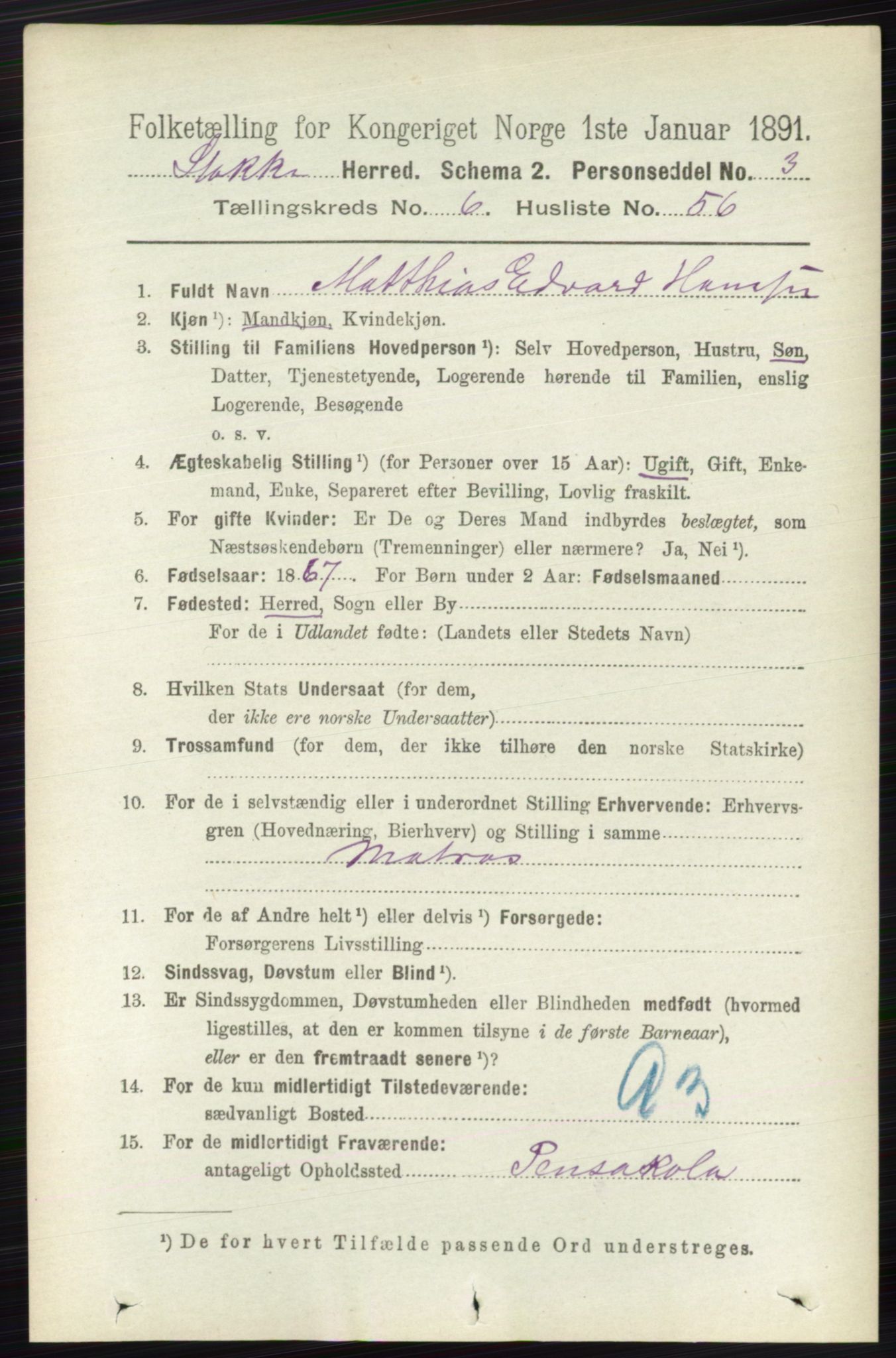 RA, 1891 census for 0720 Stokke, 1891, p. 4168