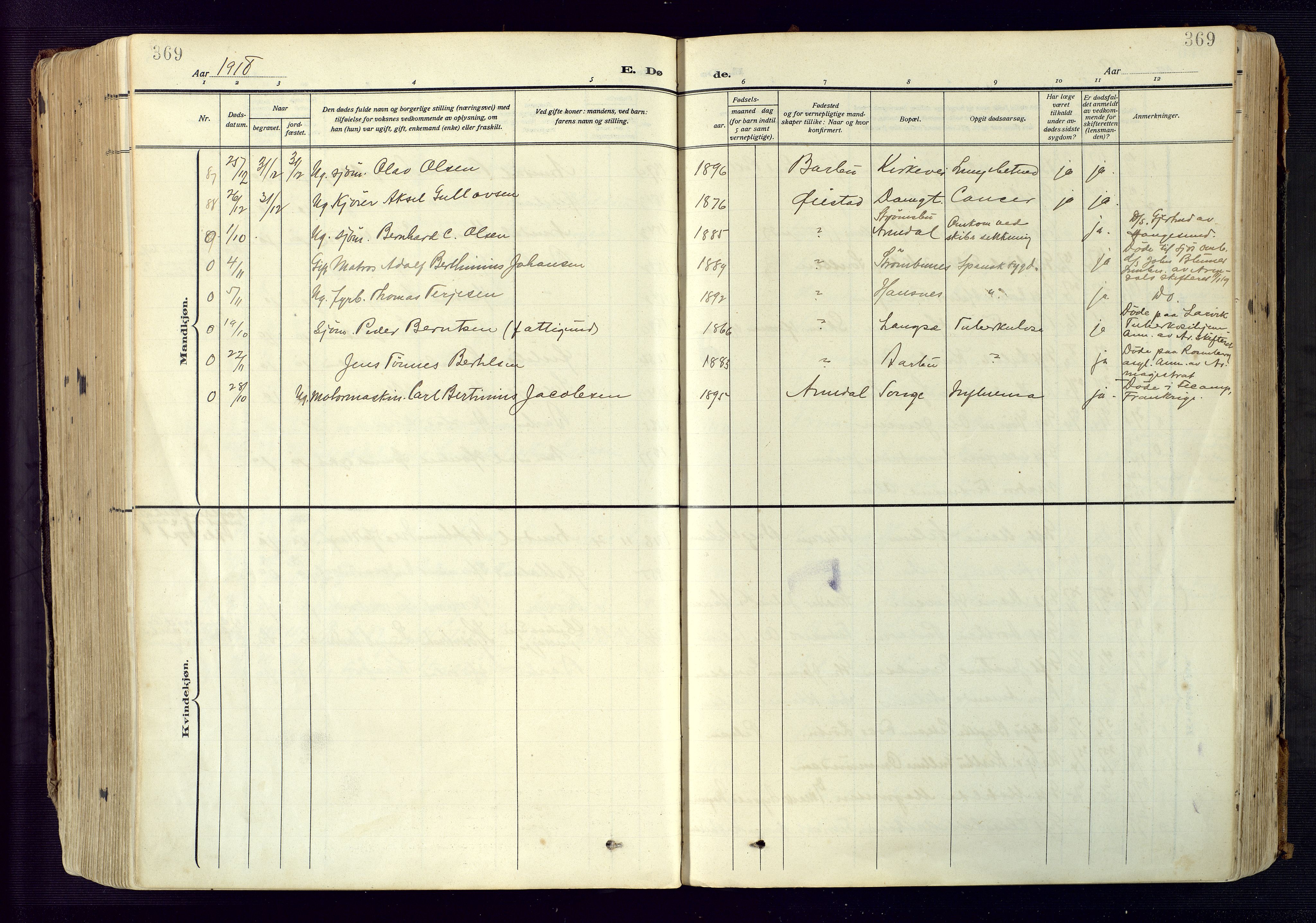 Barbu sokneprestkontor, AV/SAK-1111-0003/F/Fa/L0006: Parish register (official) no. A 6, 1910-1929, p. 369