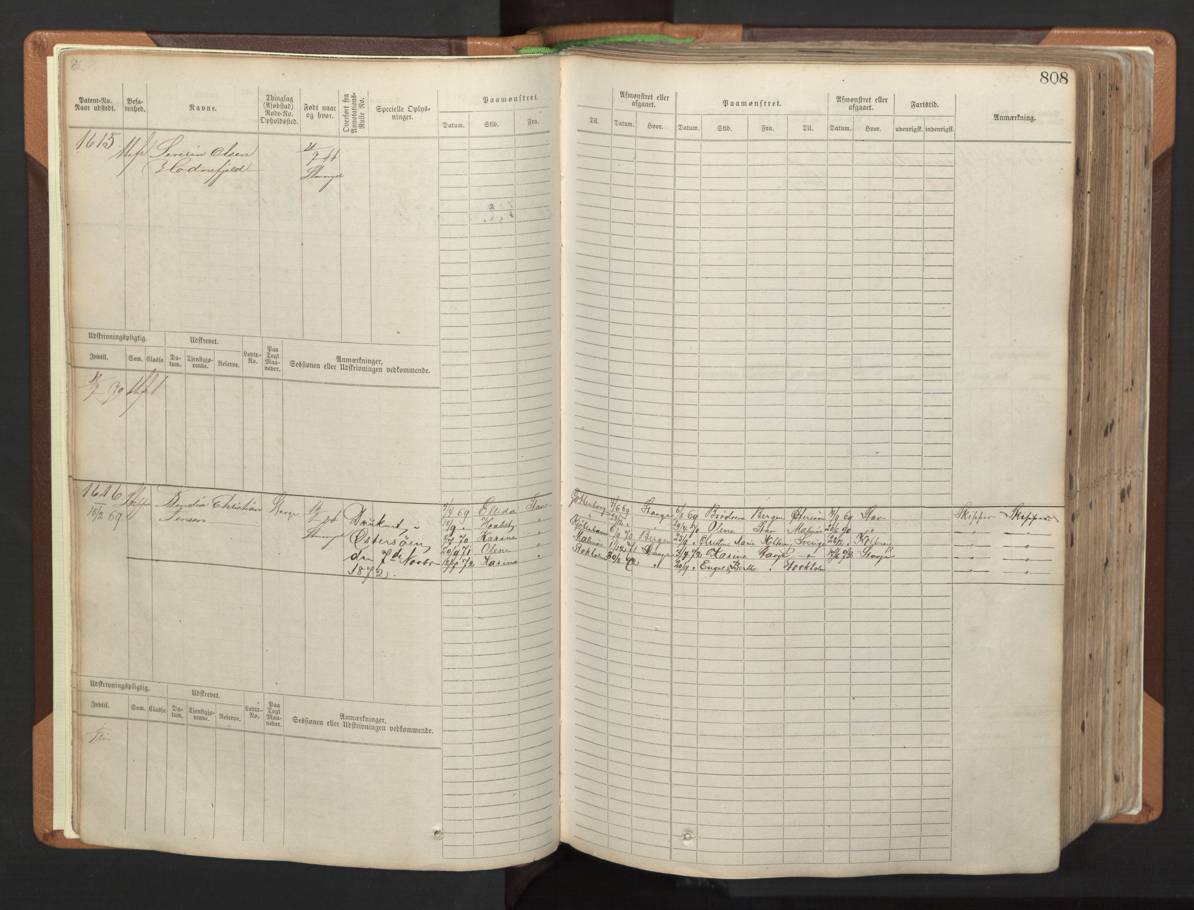 Stavanger sjømannskontor, AV/SAST-A-102006/F/Fb/Fbb/L0006: Sjøfartshovedrulle, patentnr. 1607-2402 (del 3), 1869-1880, p. 7