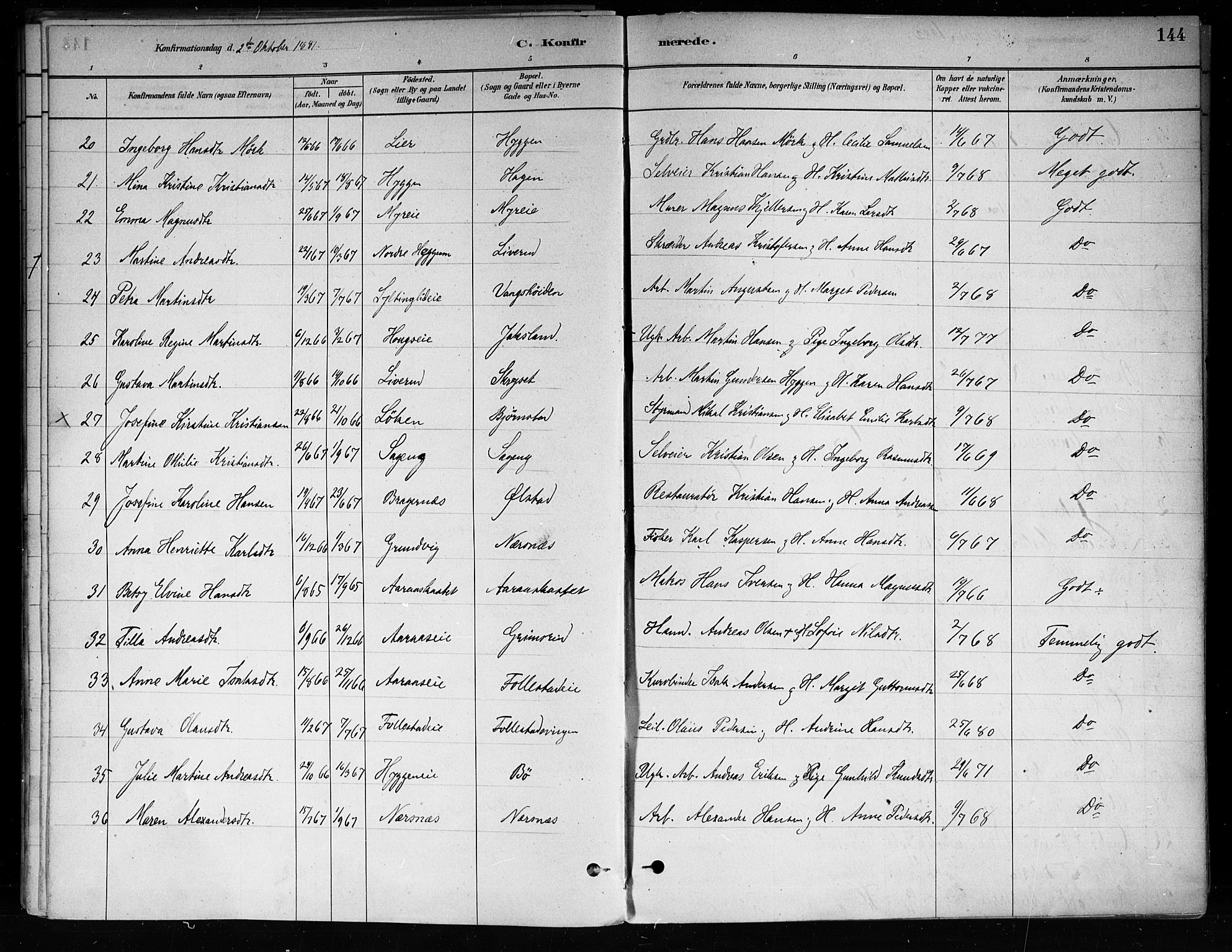 Røyken kirkebøker, SAKO/A-241/F/Fa/L0008: Parish register (official) no. 8, 1880-1897, p. 144