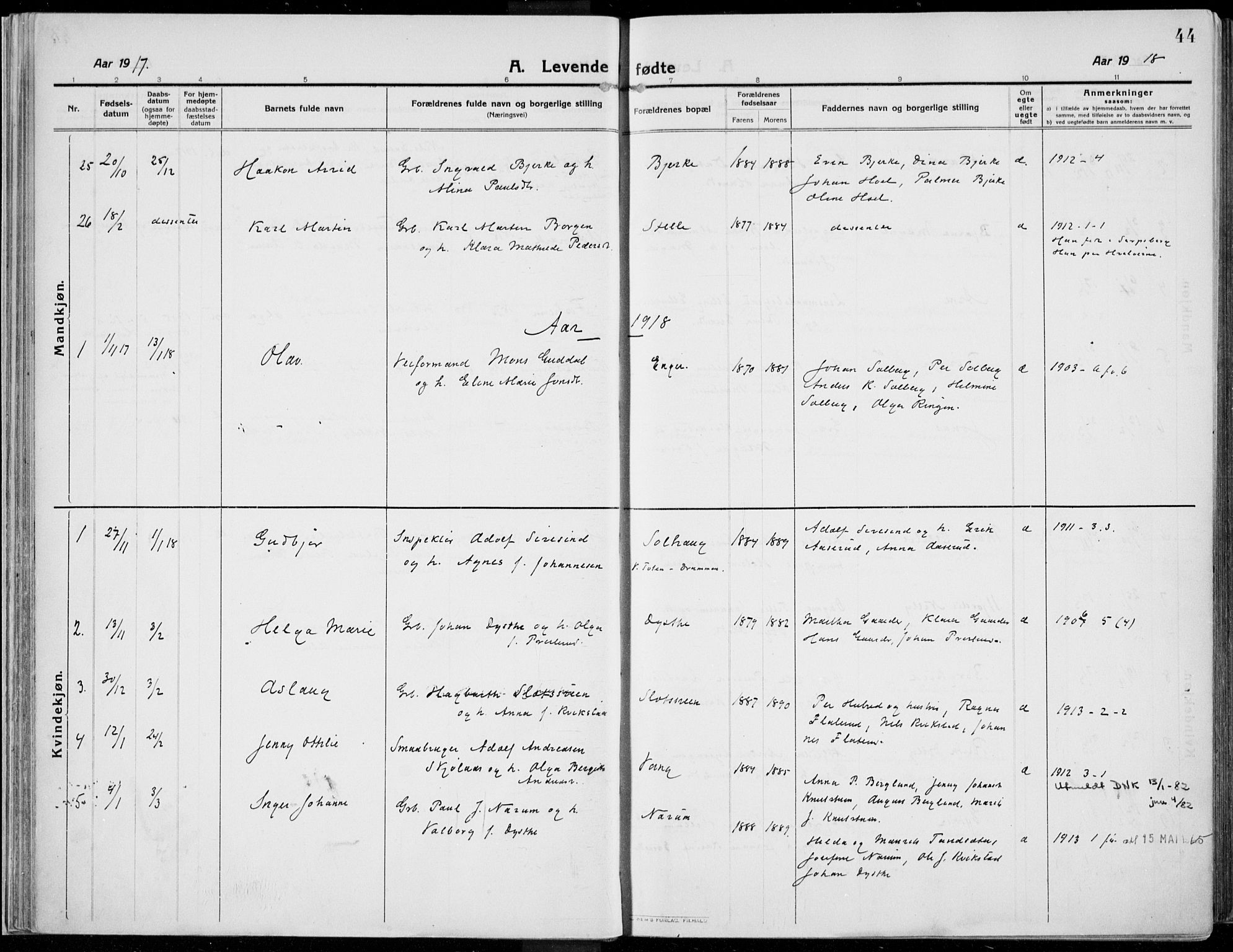 Kolbu prestekontor, SAH/PREST-110/H/Ha/Haa/L0002: Parish register (official) no. 2, 1912-1926, p. 44