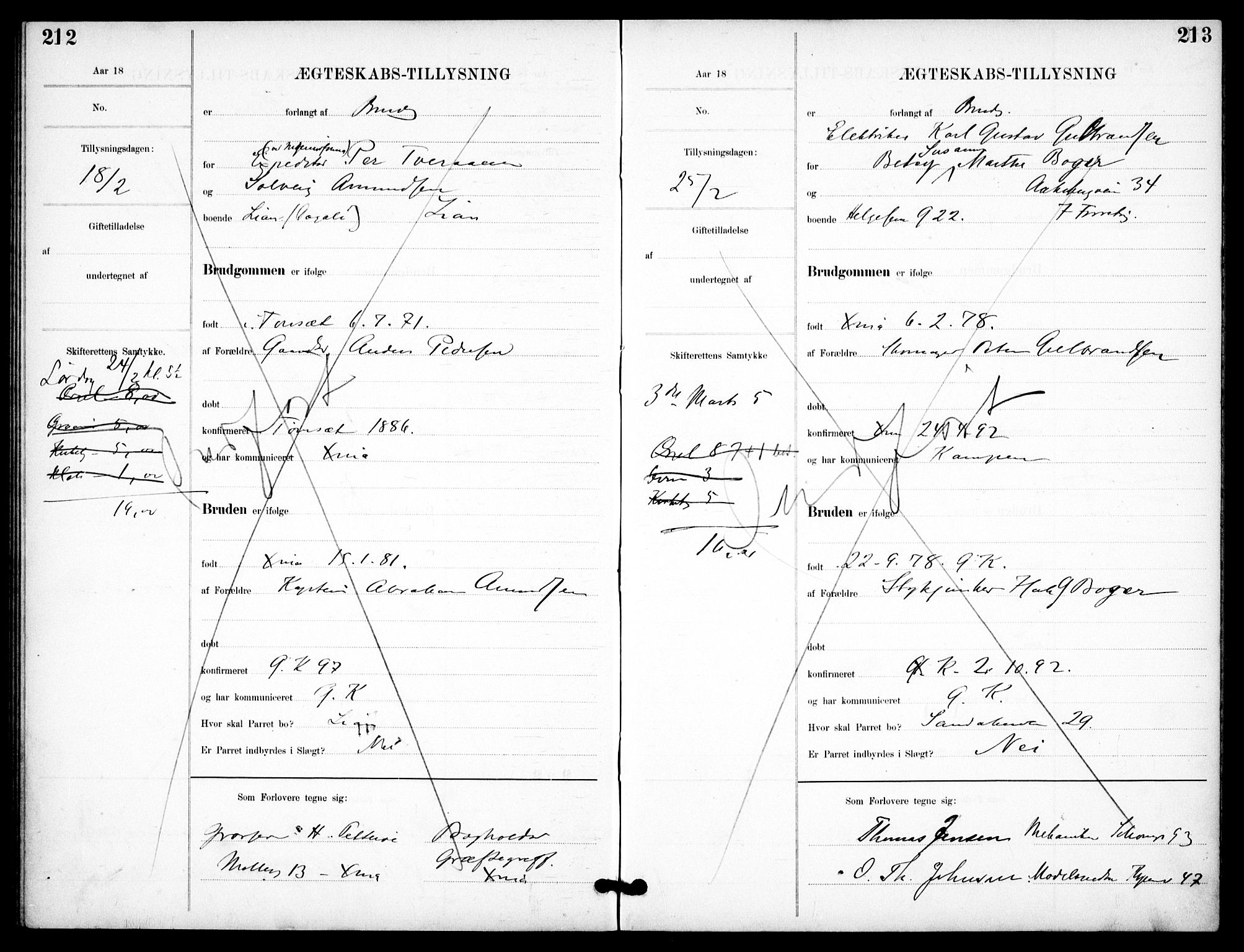 Garnisonsmenigheten Kirkebøker, AV/SAO-A-10846/H/Ha/L0008: Banns register no. I 8, 1894-1908, p. 212-213