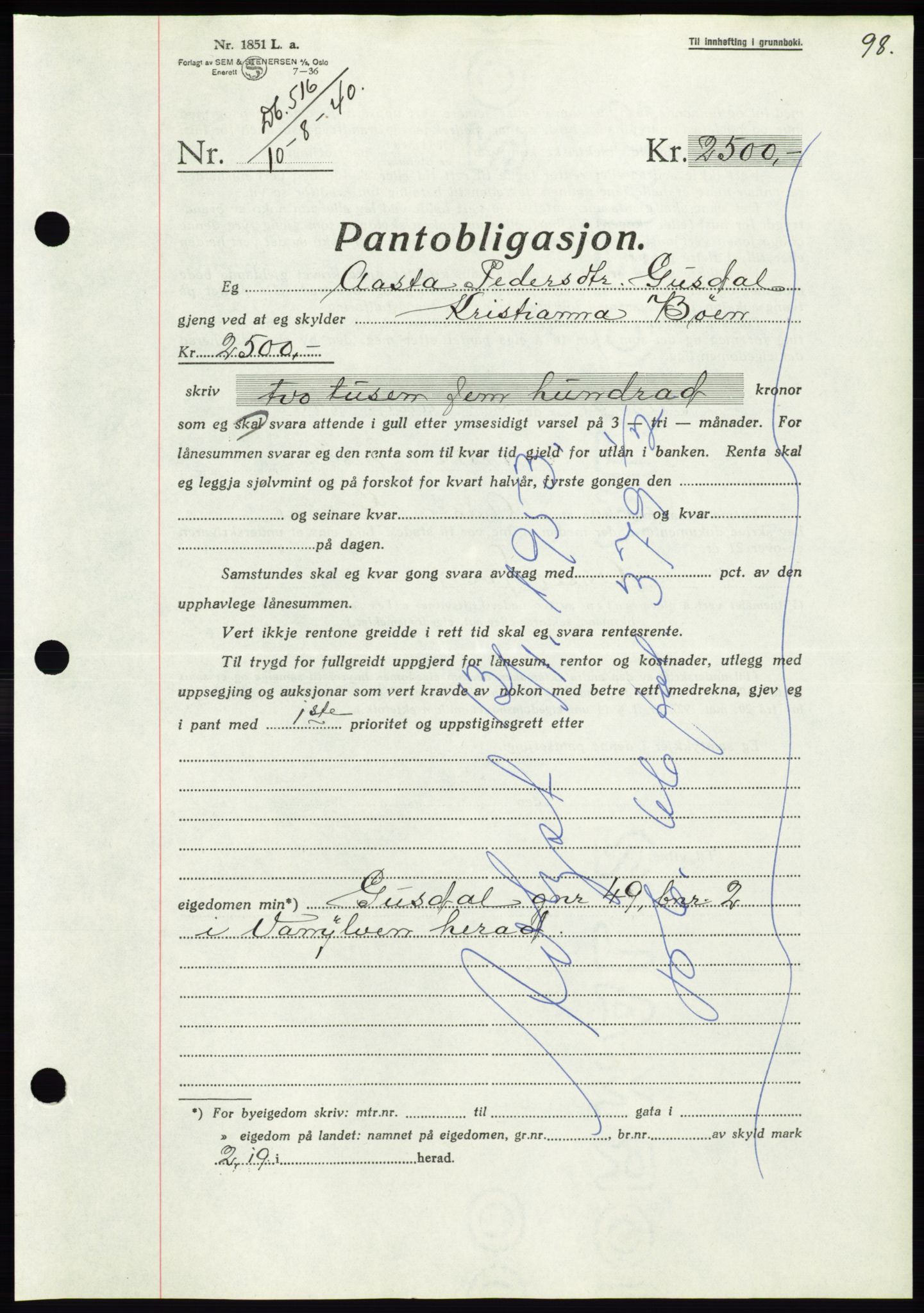 Søre Sunnmøre sorenskriveri, AV/SAT-A-4122/1/2/2C/L0070: Mortgage book no. 64, 1940-1941, Diary no: : 516/1940