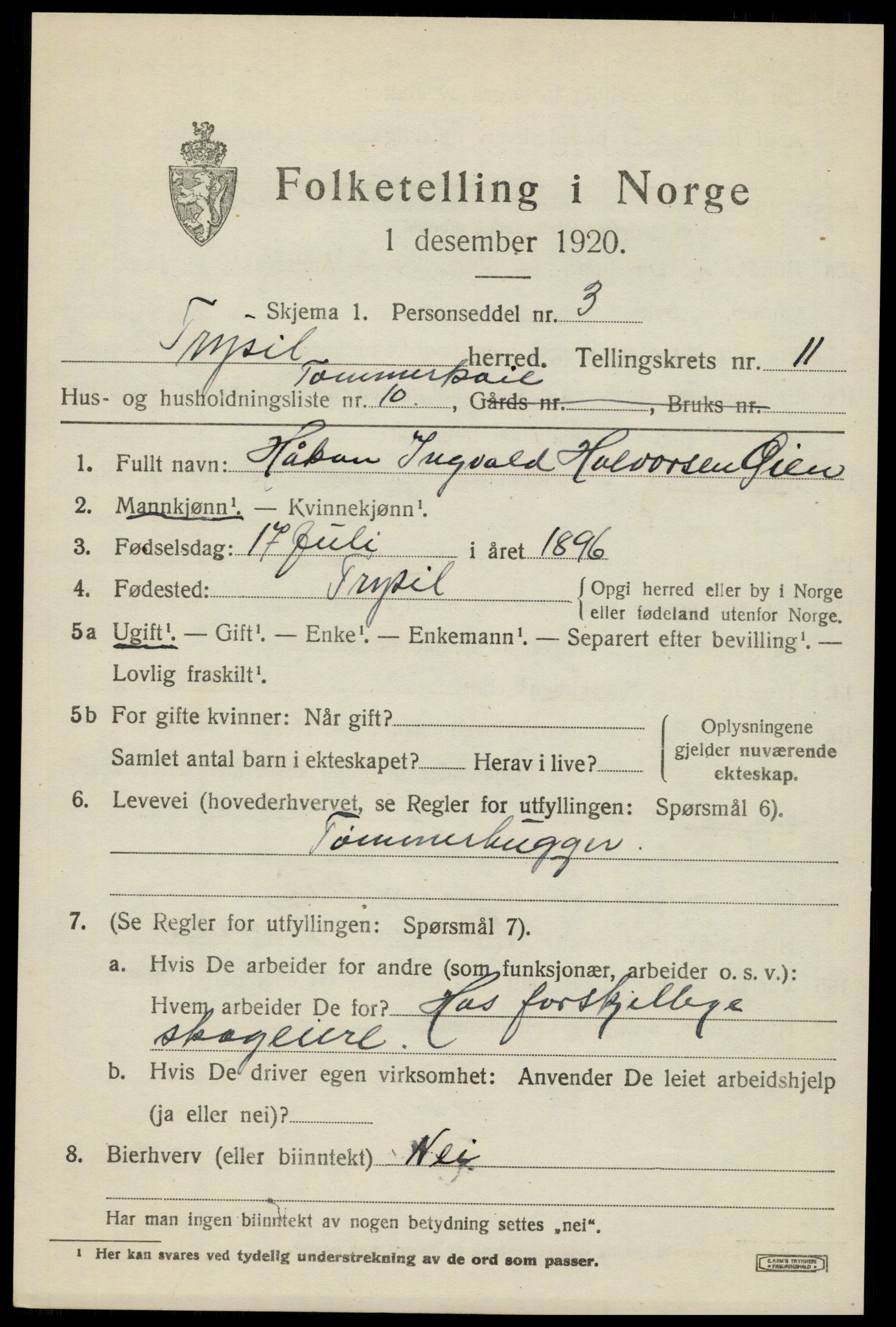 SAH, 1920 census for Trysil, 1920, p. 7067