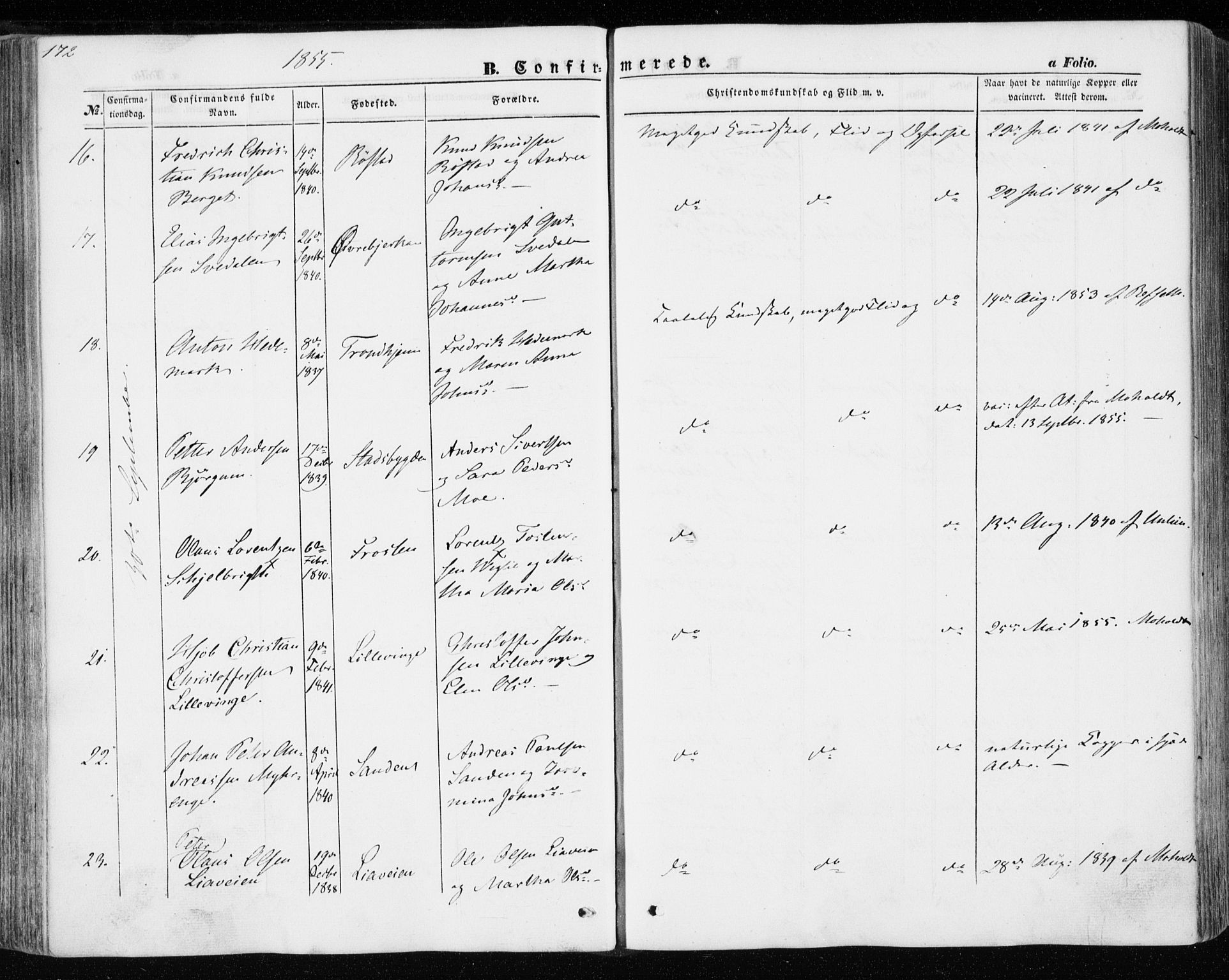 Ministerialprotokoller, klokkerbøker og fødselsregistre - Nord-Trøndelag, SAT/A-1458/701/L0008: Parish register (official) no. 701A08 /1, 1854-1863, p. 172