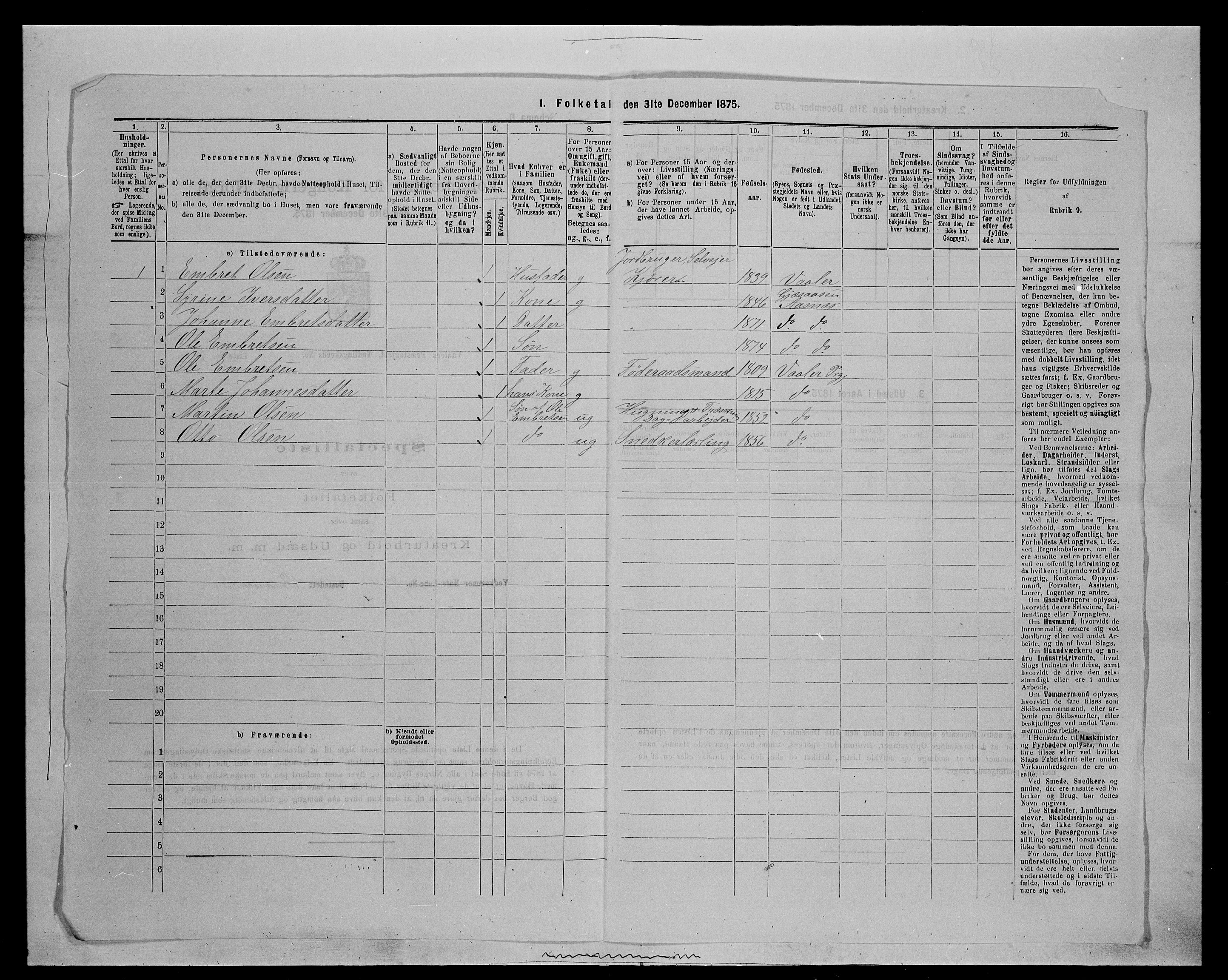 SAH, 1875 census for 0426P Våler parish (Hedmark), 1875, p. 1016