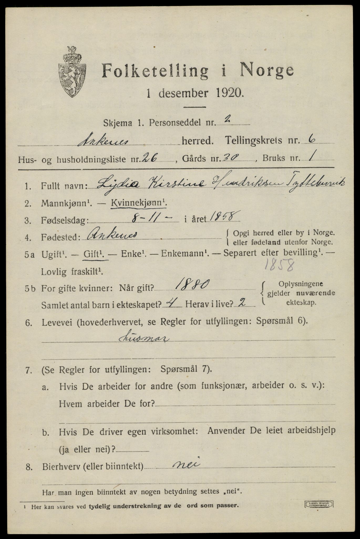 SAT, 1920 census for Ankenes, 1920, p. 3691