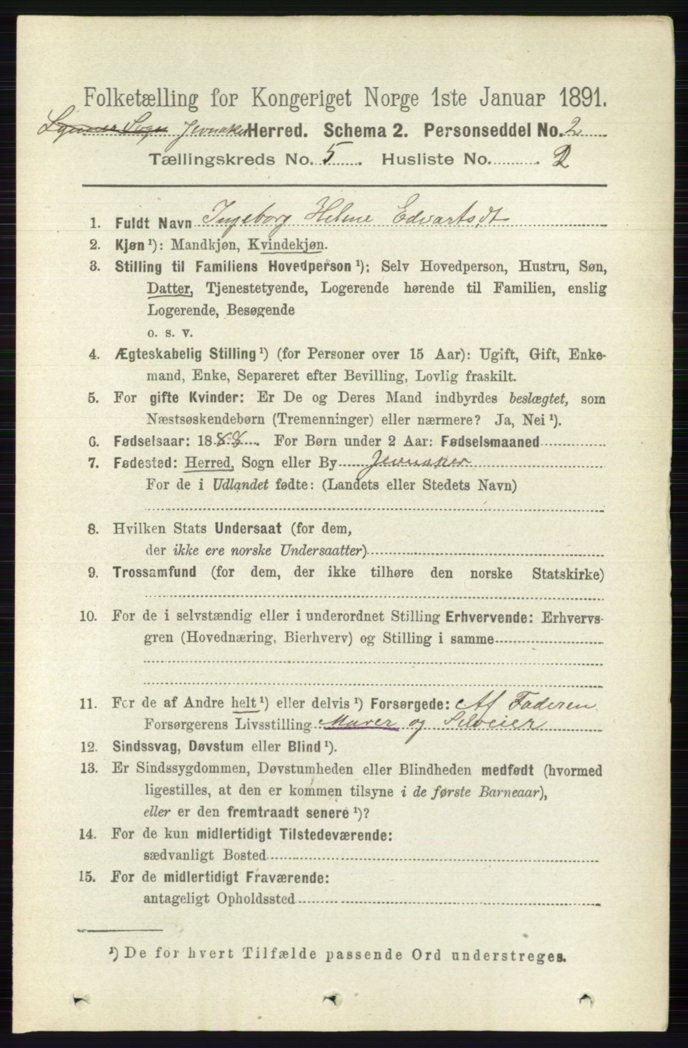 RA, 1891 census for 0532 Jevnaker, 1891, p. 2437