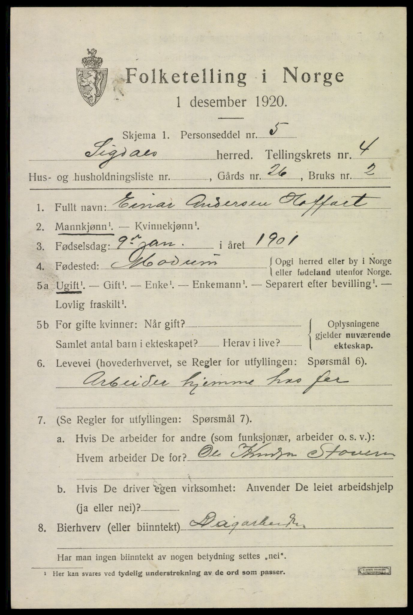 SAKO, 1920 census for Sigdal, 1920, p. 3426