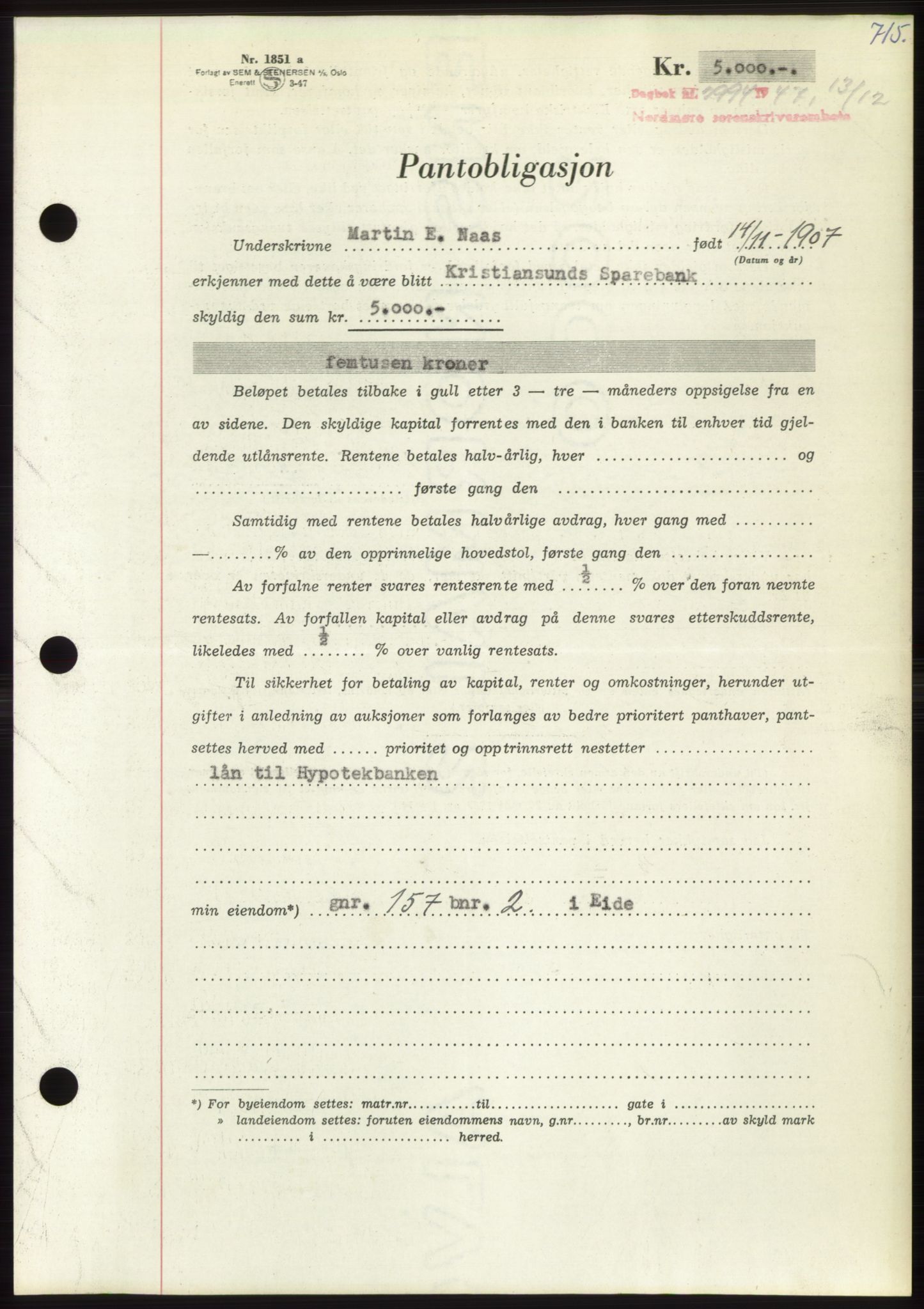 Nordmøre sorenskriveri, AV/SAT-A-4132/1/2/2Ca: Mortgage book no. B97, 1947-1948, Diary no: : 2994/1947