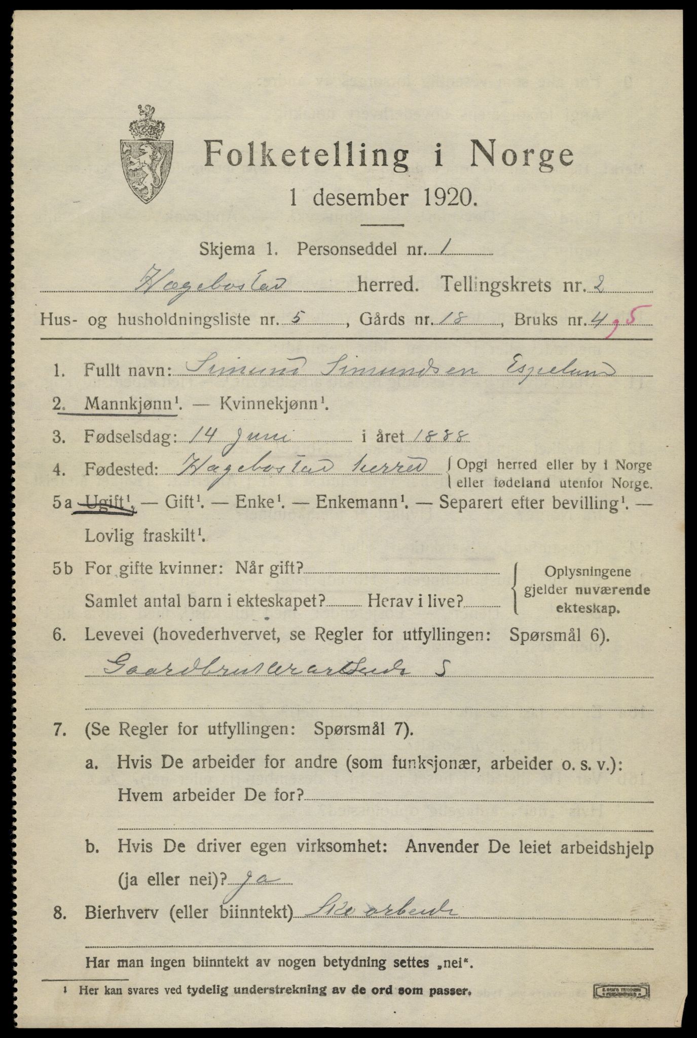SAK, 1920 census for Hægebostad, 1920, p. 871