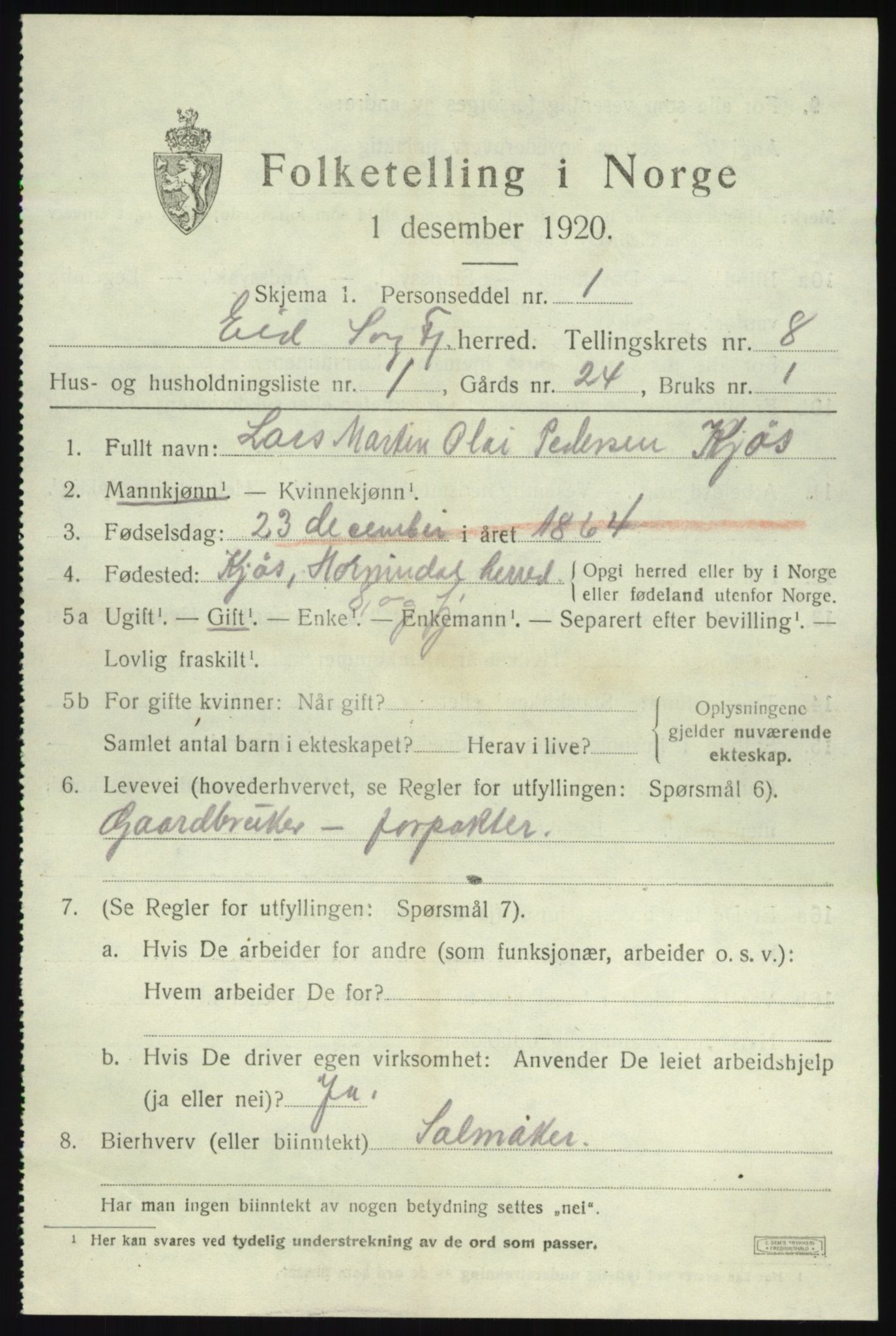 SAB, 1920 census for Eid, 1920, p. 3742