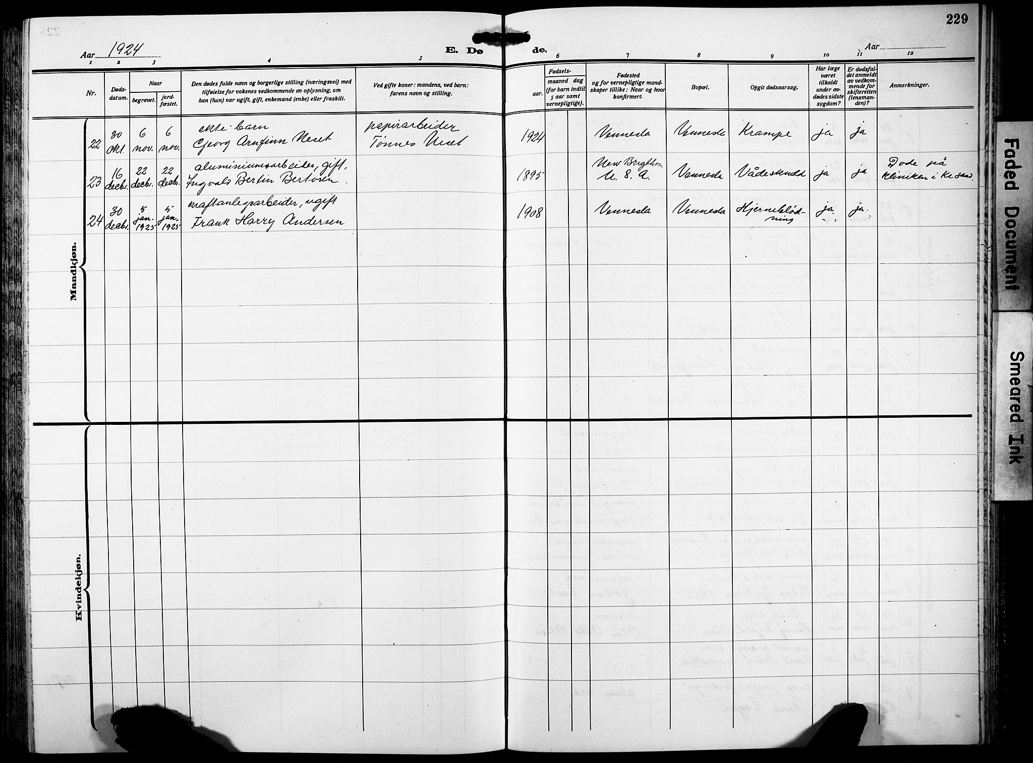 Vennesla sokneprestkontor, AV/SAK-1111-0045/Fb/Fbb/L0007: Parish register (copy) no. B 7, 1922-1933, p. 229