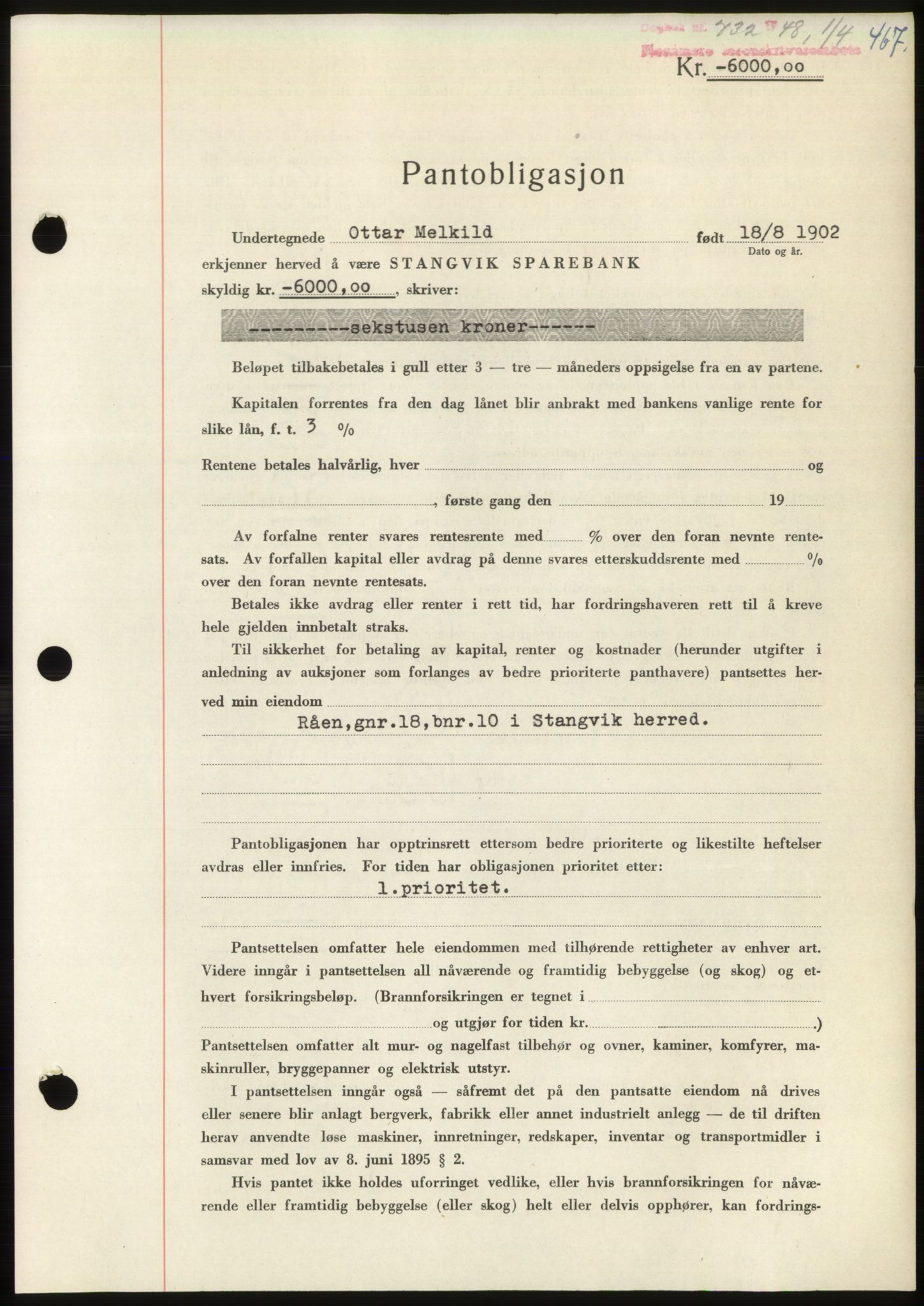 Nordmøre sorenskriveri, AV/SAT-A-4132/1/2/2Ca: Mortgage book no. B98, 1948-1948, Diary no: : 732/1948