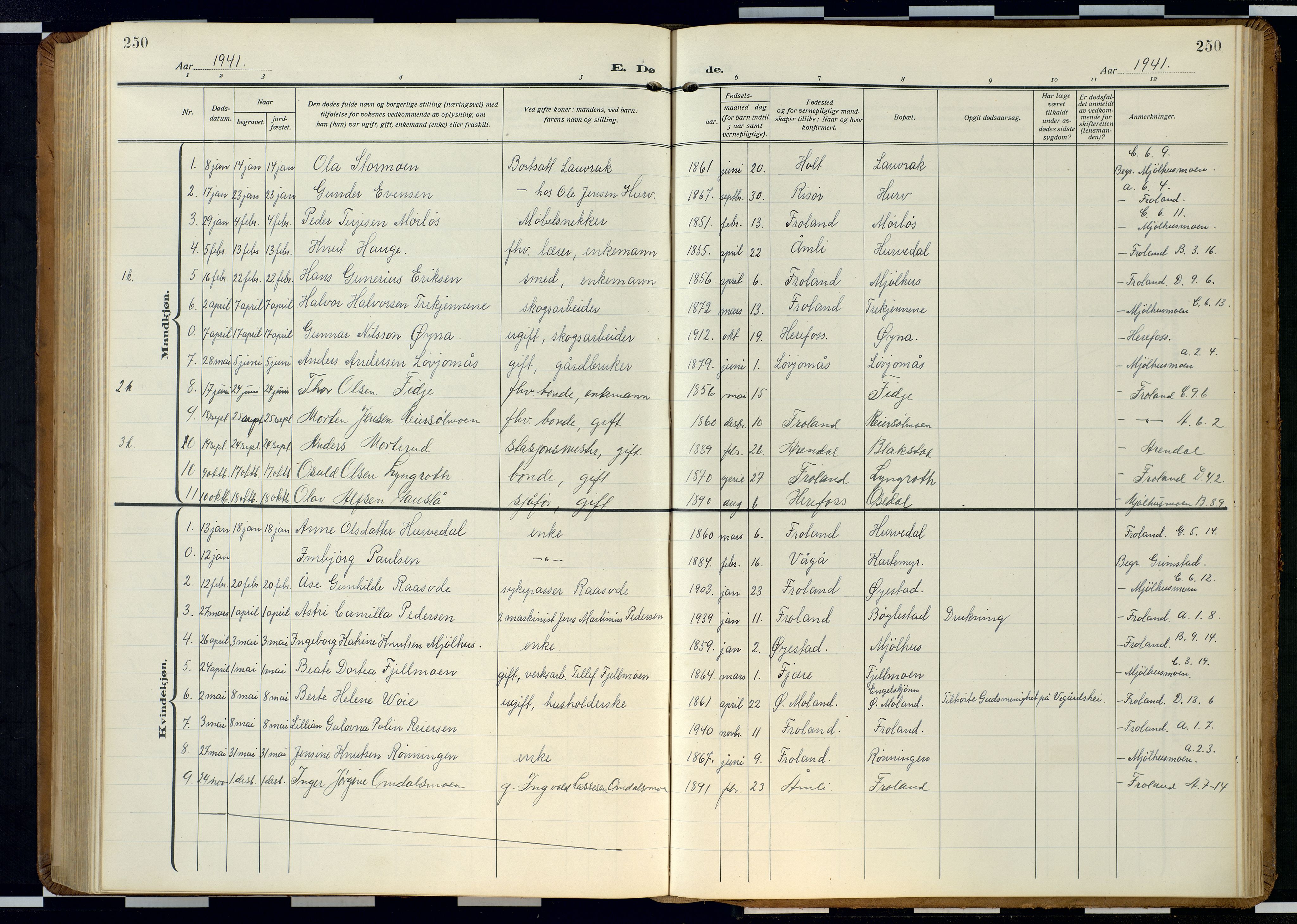 Froland sokneprestkontor, SAK/1111-0013/F/Fb/L0011: Parish register (copy) no. B 11, 1921-1947, p. 250