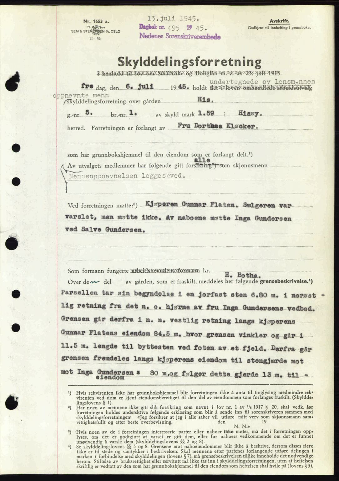 Nedenes sorenskriveri, SAK/1221-0006/G/Gb/Gba/L0052: Mortgage book no. A6a, 1944-1945, Diary no: : 495/1945