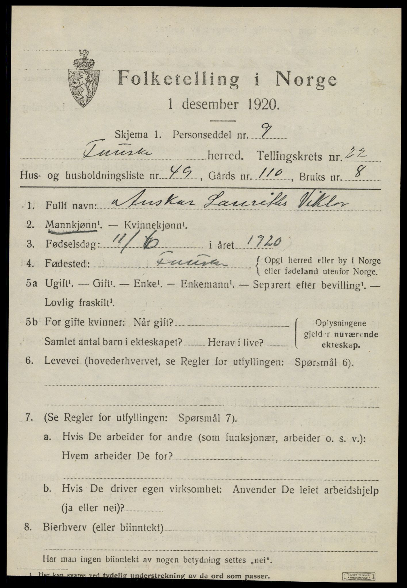 SAT, 1920 census for Fauske, 1920, p. 14152