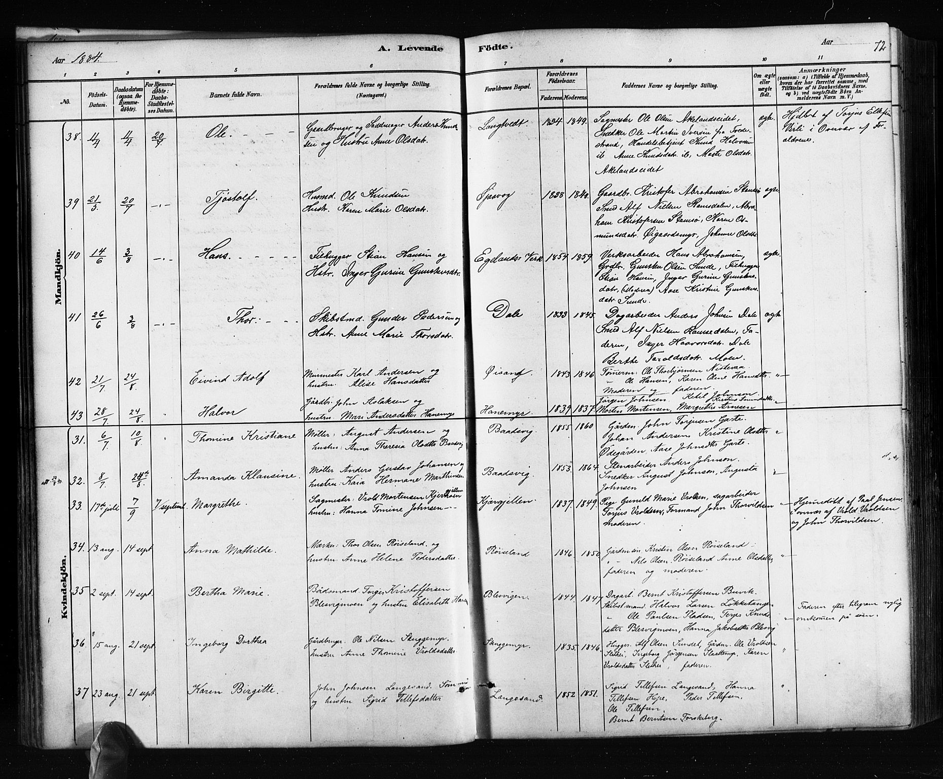 Søndeled sokneprestkontor, AV/SAK-1111-0038/F/Fa/L0004: Parish register (official) no. A 4, 1880-1889, p. 72