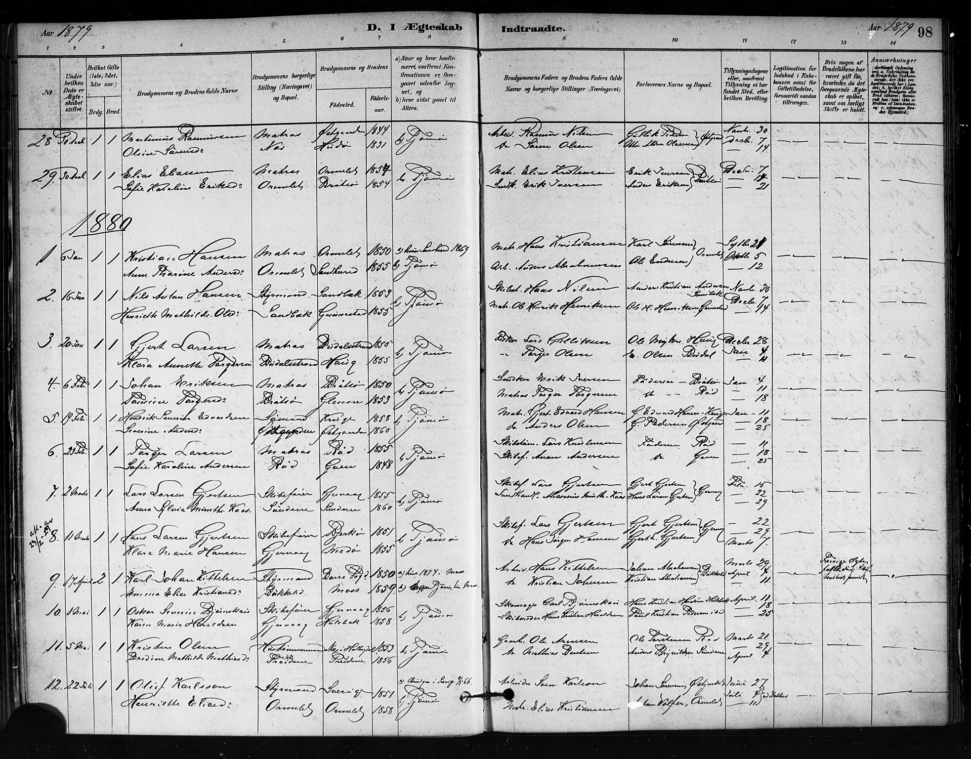 Tjøme kirkebøker, SAKO/A-328/F/Fa/L0001: Parish register (official) no. 1, 1879-1890, p. 98