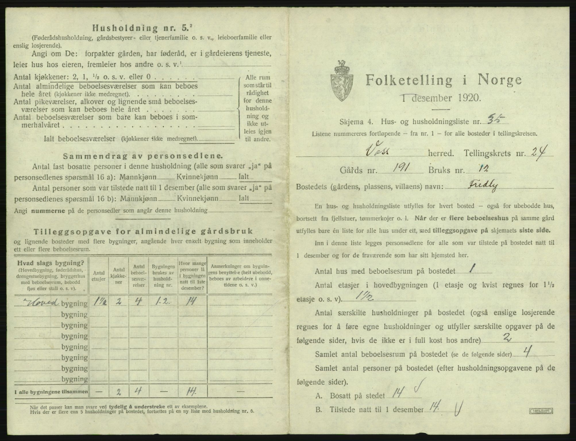 SAB, 1920 census for Voss, 1920, p. 2159