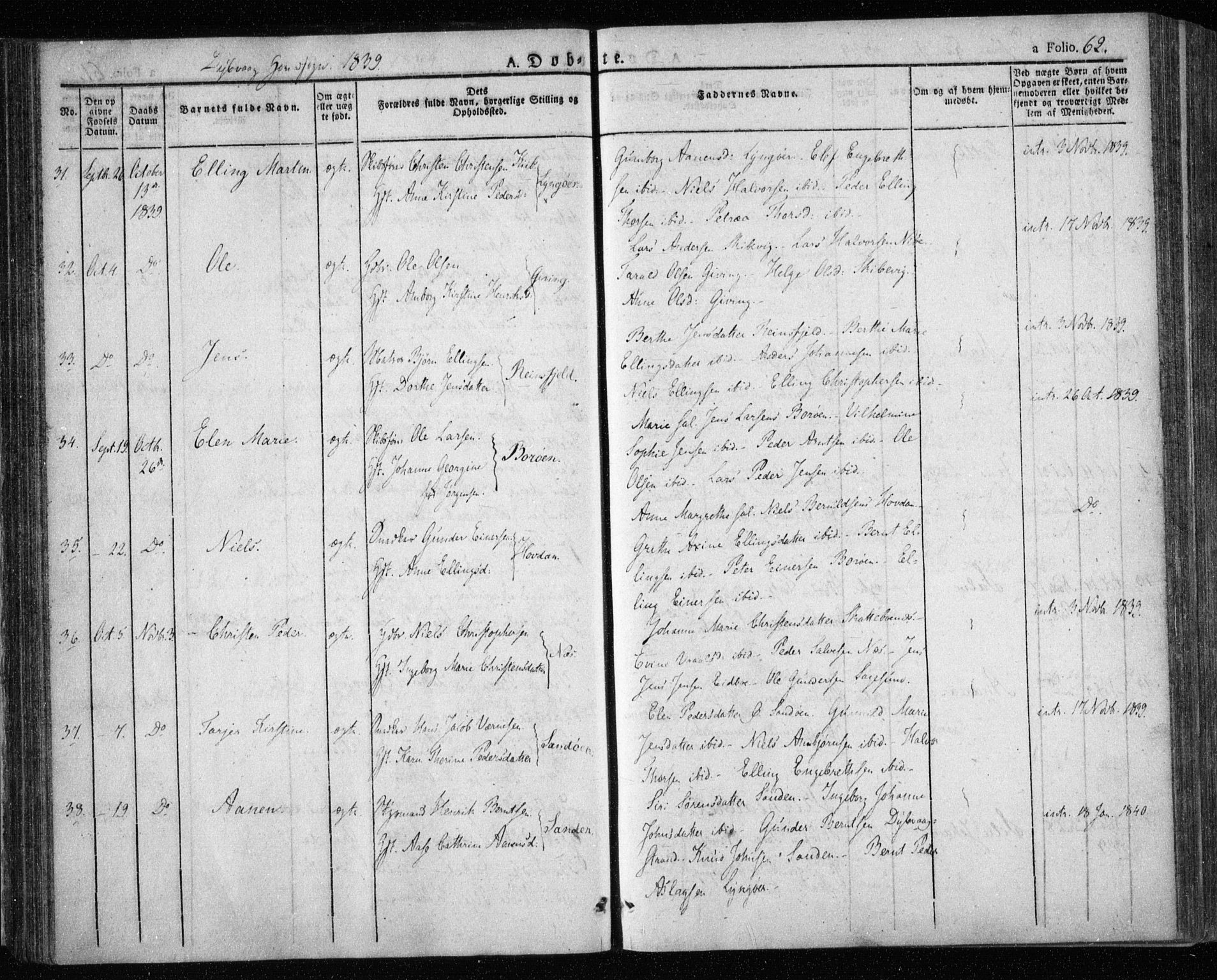 Dypvåg sokneprestkontor, AV/SAK-1111-0007/F/Fa/Faa/L0004: Parish register (official) no. A 4, 1824-1840, p. 62