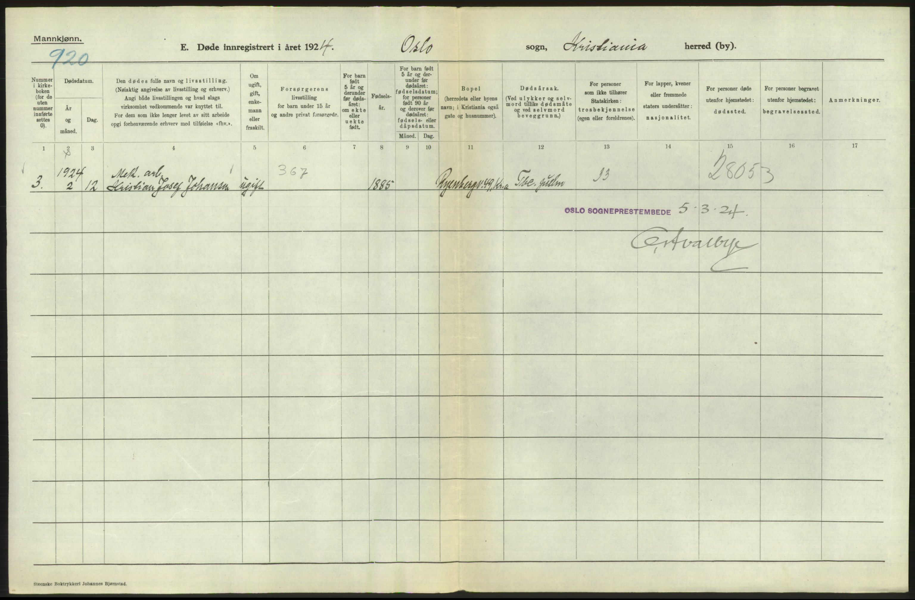 Statistisk sentralbyrå, Sosiodemografiske emner, Befolkning, AV/RA-S-2228/D/Df/Dfc/Dfcd/L0008: Kristiania: Døde menn, 1924, p. 312