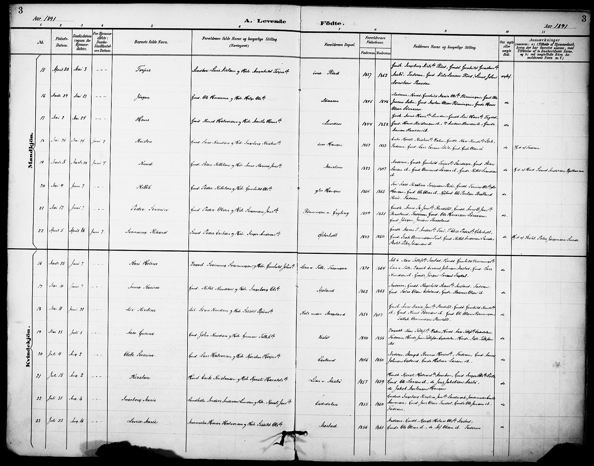 Gjerstad sokneprestkontor, AV/SAK-1111-0014/F/Fa/Faa/L0010: Parish register (official) no. A 10, 1891-1902, p. 3