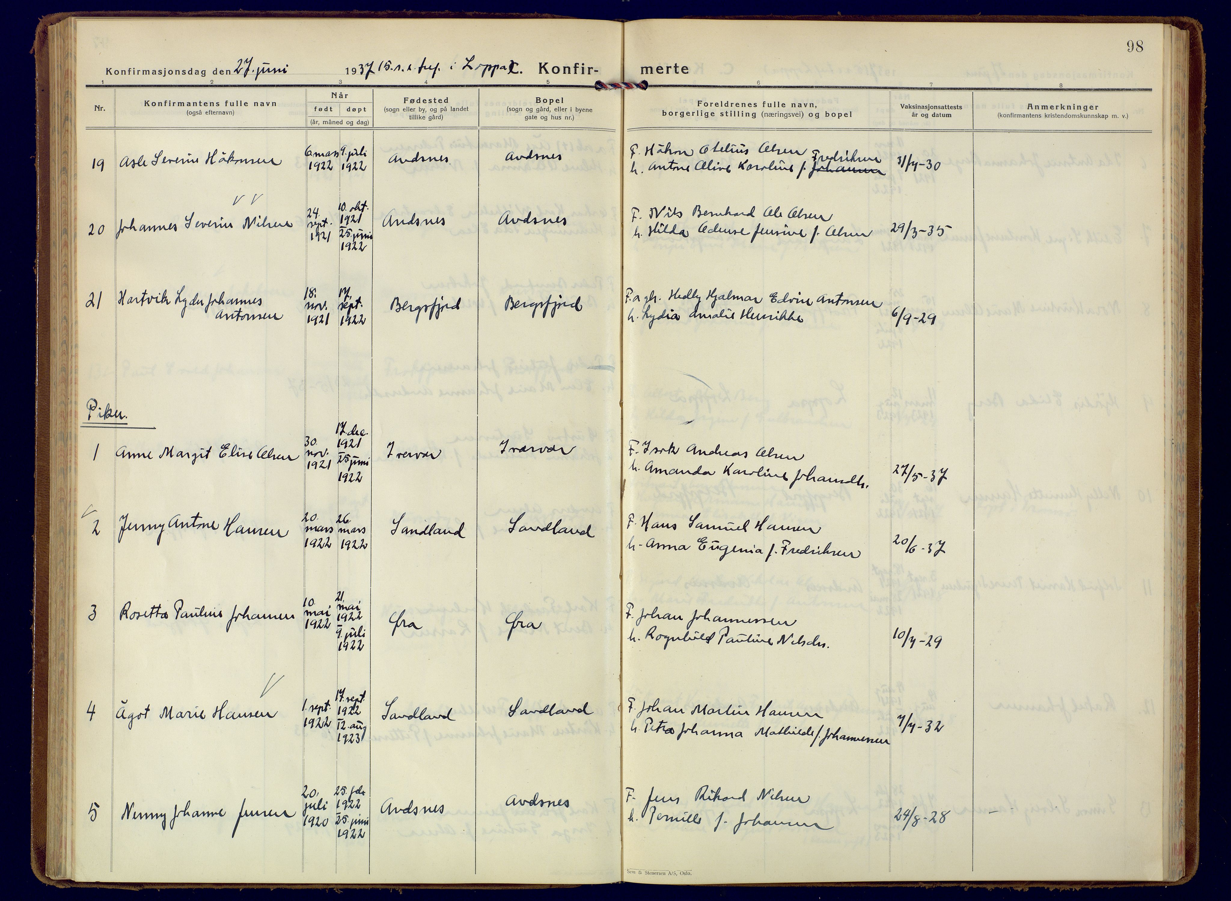 Loppa sokneprestkontor, AV/SATØ-S-1339/H/Ha/L0014kirke: Parish register (official) no. 14, 1933-1942, p. 98