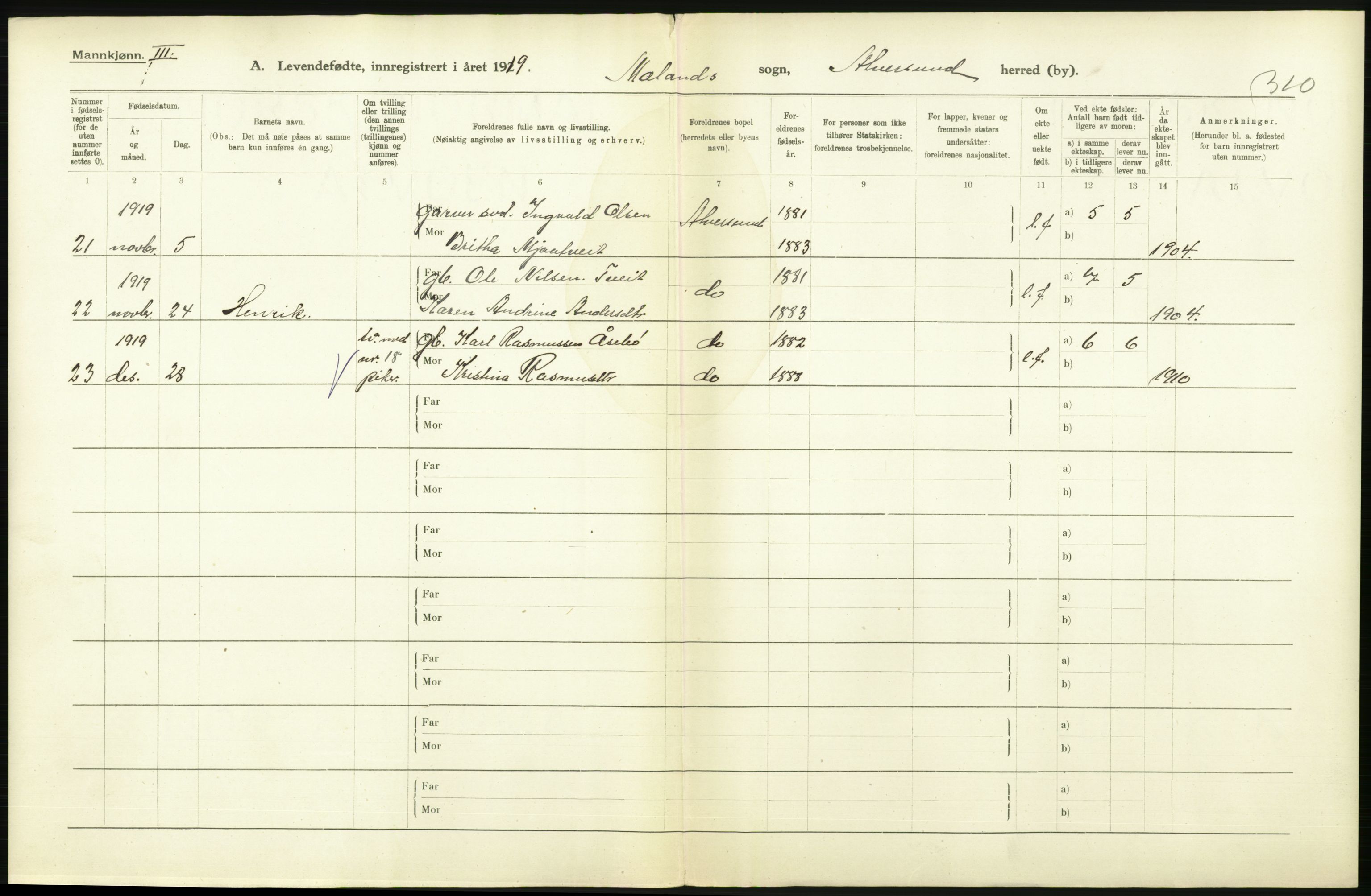 Statistisk sentralbyrå, Sosiodemografiske emner, Befolkning, RA/S-2228/D/Df/Dfb/Dfbi/L0031: Hordaland fylke: Levendefødte menn og kvinner. Bygder., 1919, p. 438