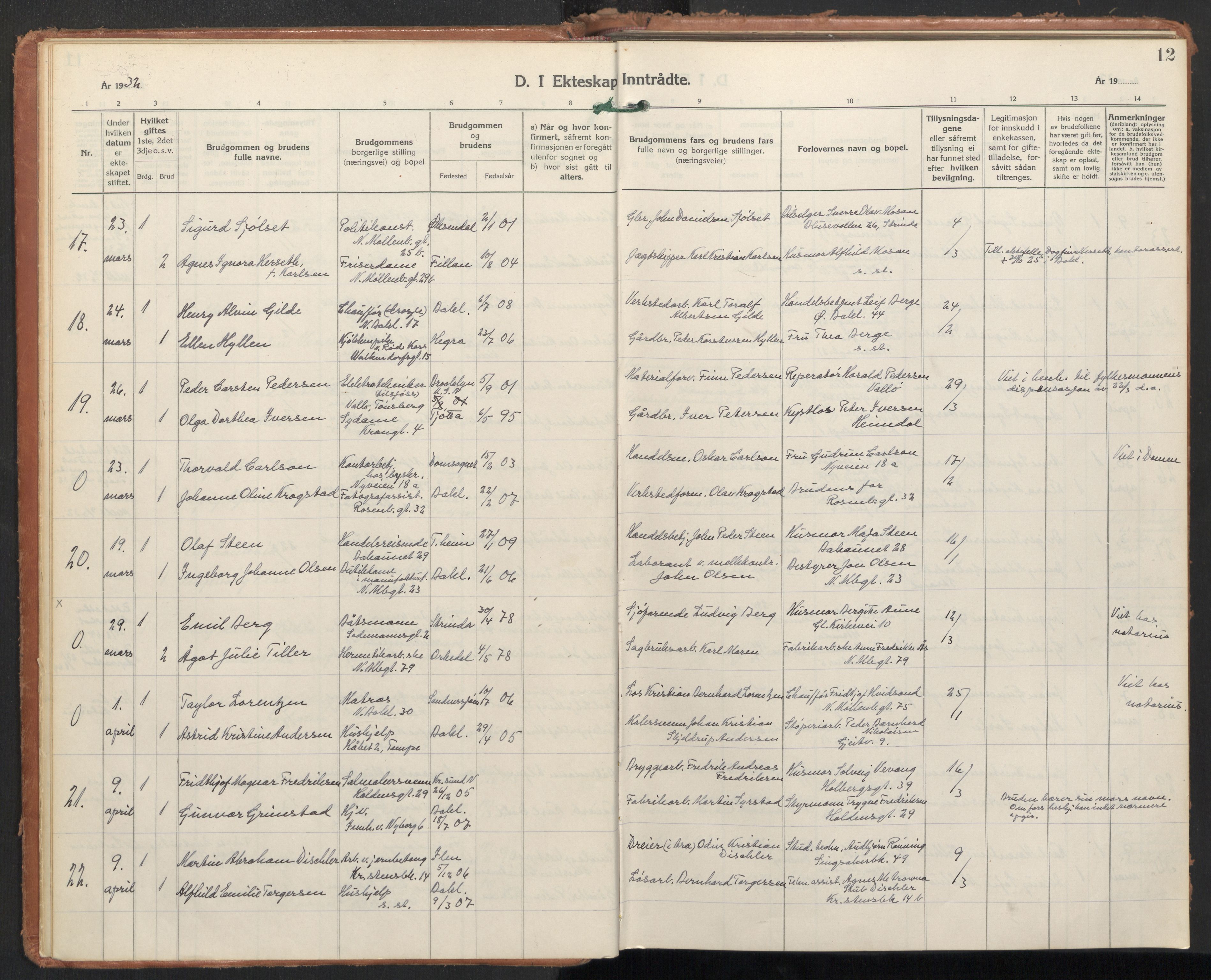Ministerialprotokoller, klokkerbøker og fødselsregistre - Sør-Trøndelag, SAT/A-1456/604/L0209: Parish register (official) no. 604A29, 1931-1945, p. 12