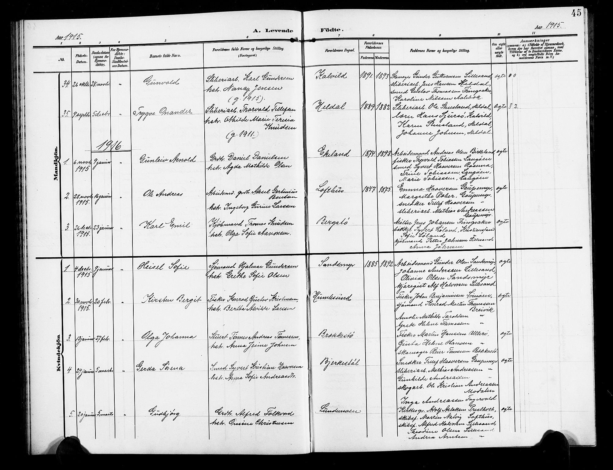 Vestre Moland sokneprestkontor, SAK/1111-0046/F/Fb/Fbb/L0007: Parish register (copy) no. B 7, 1906-1929, p. 45