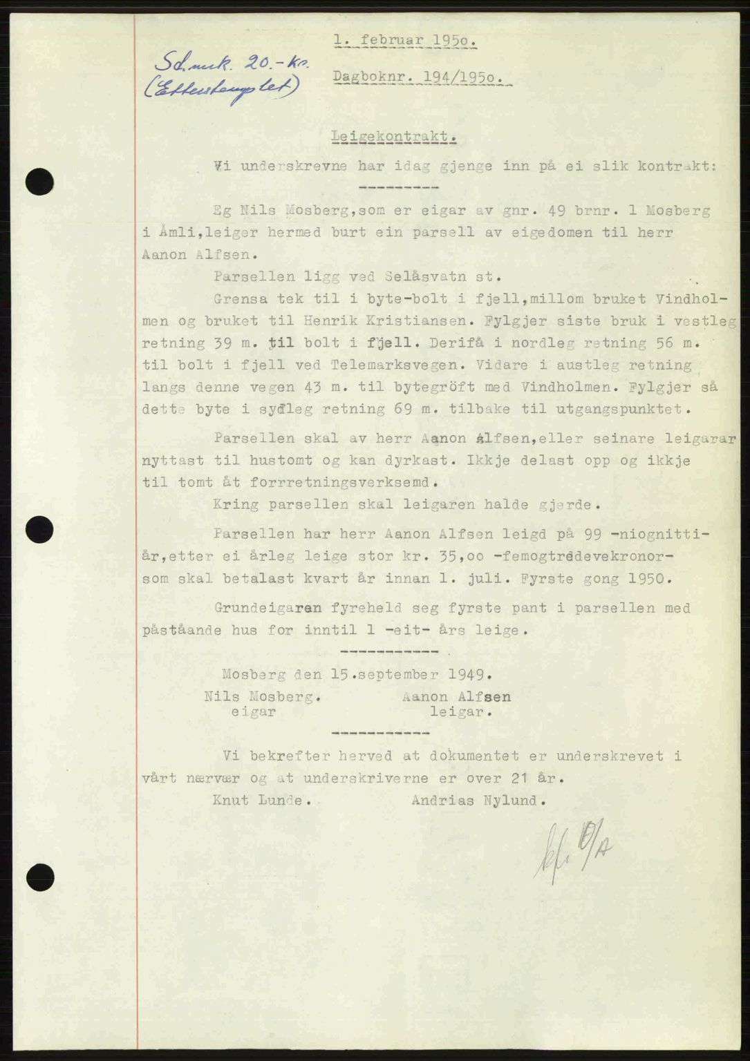 Nedenes sorenskriveri, SAK/1221-0006/G/Gb/Gba/L0062: Mortgage book no. A14, 1949-1950, Diary no: : 194/1950