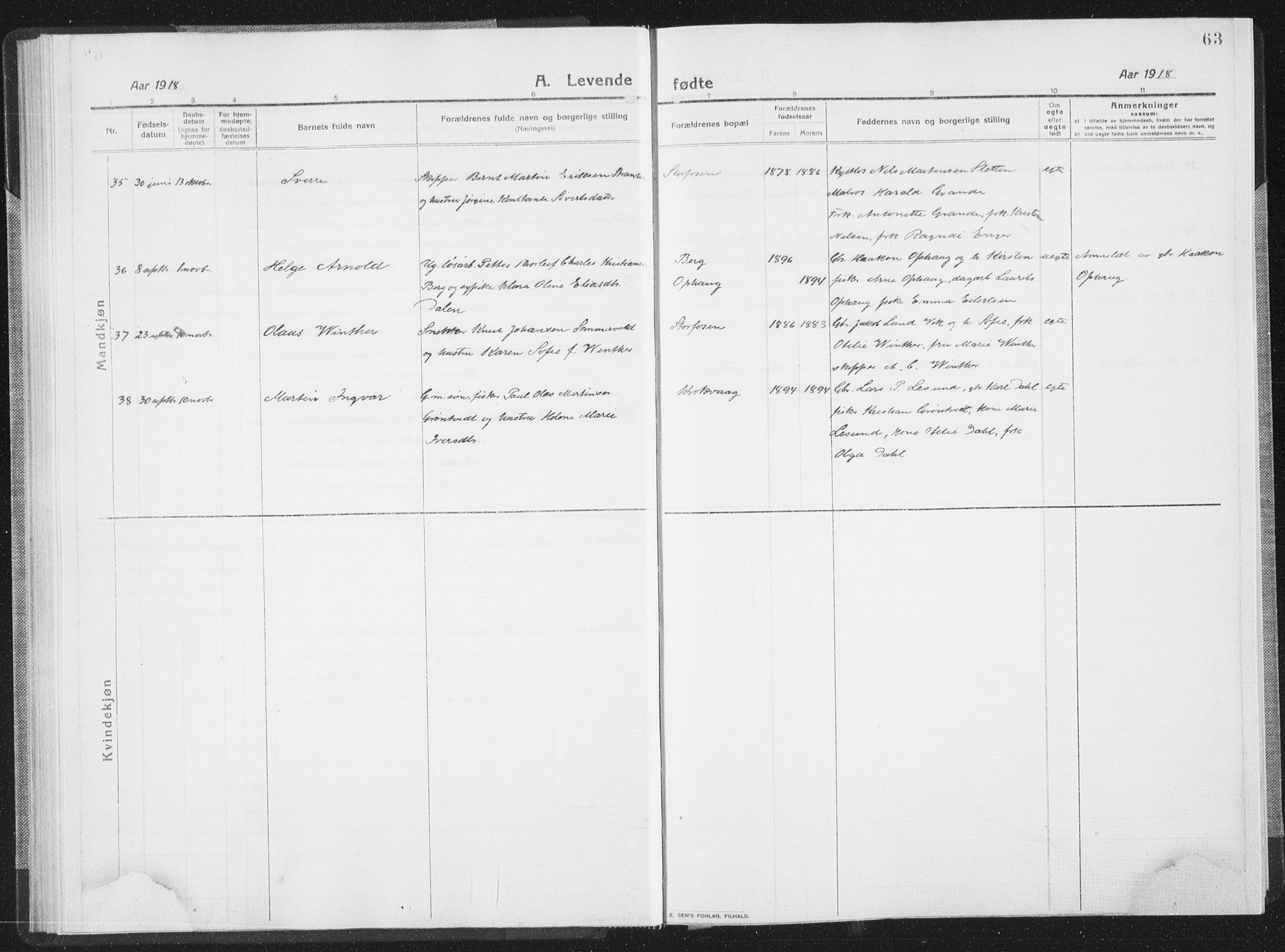 Ministerialprotokoller, klokkerbøker og fødselsregistre - Sør-Trøndelag, AV/SAT-A-1456/659/L0747: Parish register (copy) no. 659C04, 1913-1938, p. 63